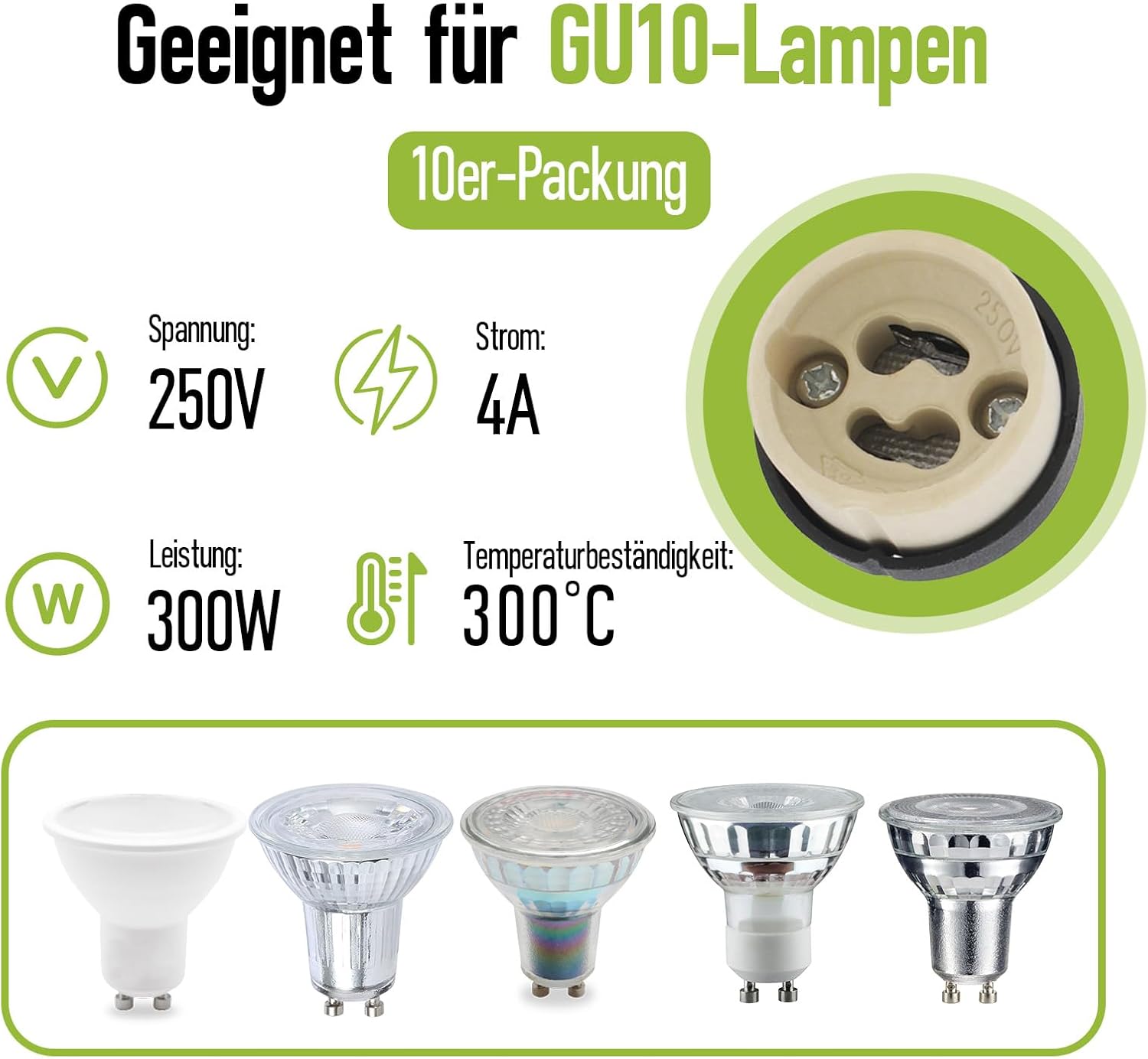 Pack of 10 GU10 Socket with Connection Terminal 10 cm Silicone Power Cable 0.5 mm² GU10 Ceramic Base for LED Light Bulb Halogen Heat Resistance up to 300°C 4A 250V Lamp Holder
