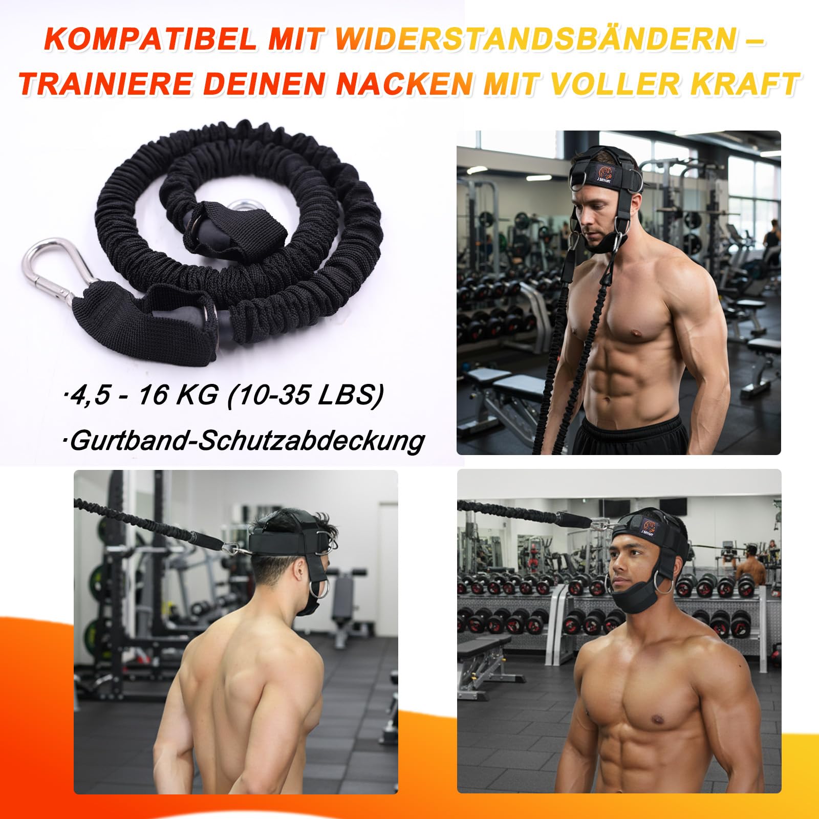 J Bryant Nackentrainer-Set mit Widerstandsband & Kinnpolster – Verstellbares Kopfgeschirr für 360° Krafttraining, D-Ringe für Seilzug & Bänder – Optional mit Stahlkette oder Seilzug-System
