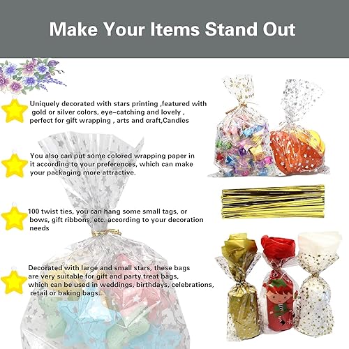 Miniatura 4 de COQOFA 200 bolsas de regalo con estampado de estrellas de 6 x 10 pulgadas, bolsas de celofán para regalo, bolsas de regalo de fiesta, bolsas