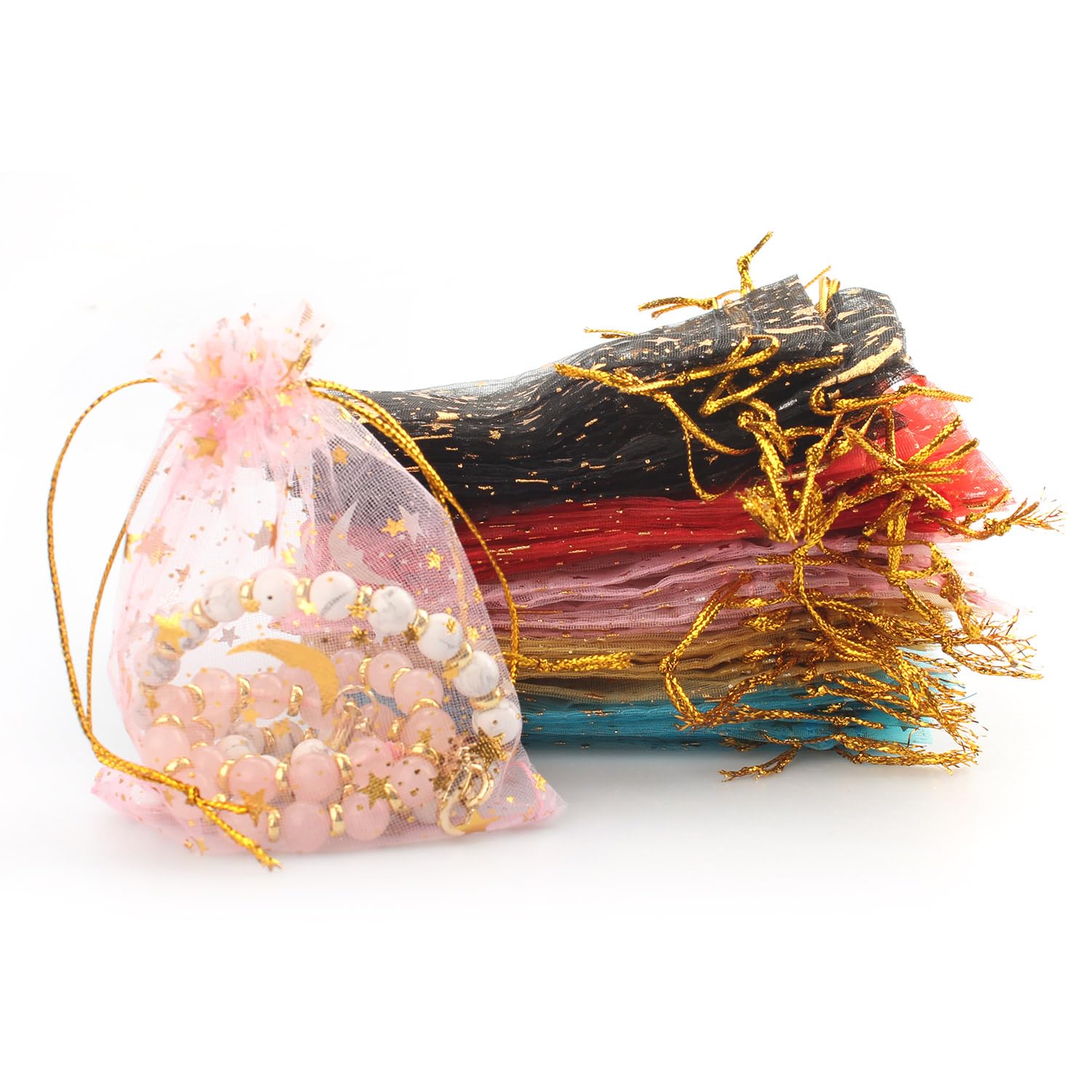Proxima Direct 50 PCS Organza Bags 9x12 cm Gift Goodie Bags Party Favors Pouches Shiny Star Moon Sheer Bags Drawstring Small Gifts Pouches for Eid al-Fitr Ramadan Wedding Party