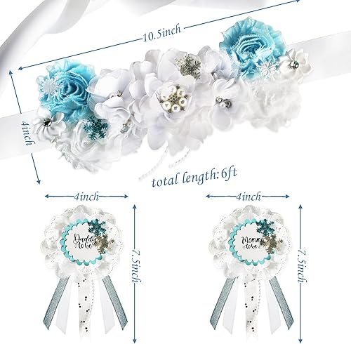Miniatura 3 de Hombae Cinturón de maternidad de Frozen para baby shower, copos de nieve azul, juego de pines de ramillete para mamá y papá para fiesta de Frozen,