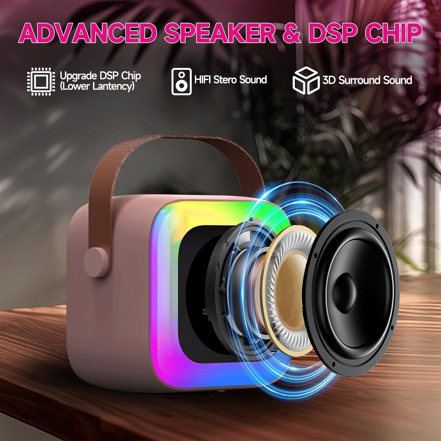Mini macchina per karaoke per bambini, adolescenti, adulti, con 2 microfoni wireless e luci LED, giocattoli per feste, casa, regali per 4 5 6 7 8 9 10 11 12+ anni ragazze ragazzi