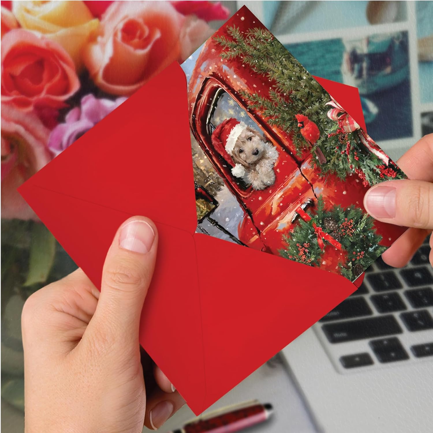 The Best Card Company 12 Christmas Greeting Cards Boxed Set with 5 x 7 Inch Envelopes (1 Design, 12 Each) Red Truck Puppies C3375EXSG-B12x1