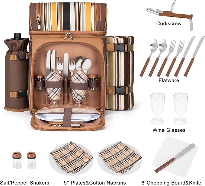 ALLCAMP Picnic Basket Backpack Cooler for 2 Person with 2 Insulated Cooler Compartment,Detachable Bottle/Wine Holder, Fleece Blanket, Plates and Cutlery for Family,Couple and Friend gatherings (Brown)