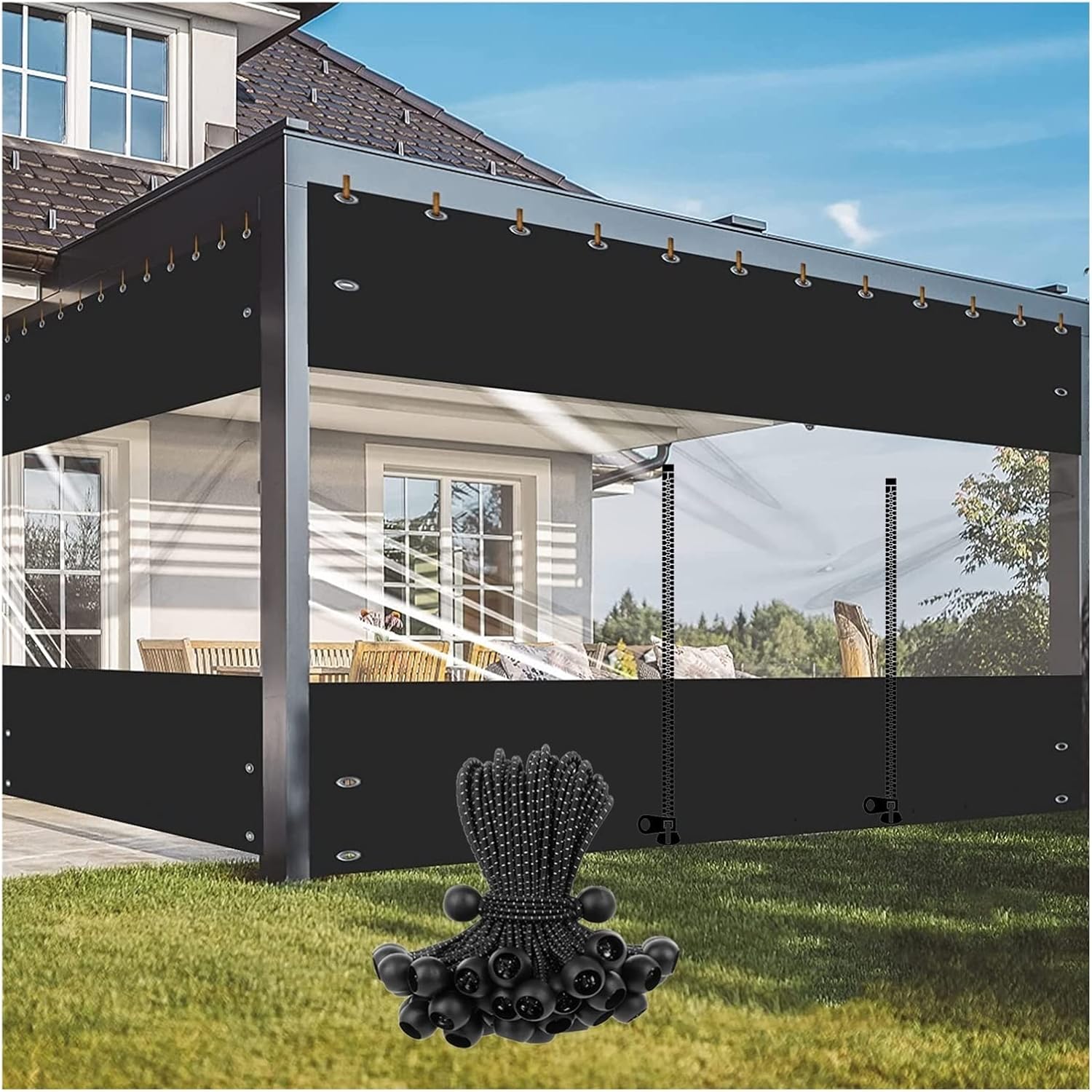 Gazebo Transparent Curtains Outdoor Waterproof Tarpaulin, Tear Resistant， PVC Side Panels with Rolling Door, 2 Styles (Color : Transparent+Black with Zipper, Size : 7x3m)