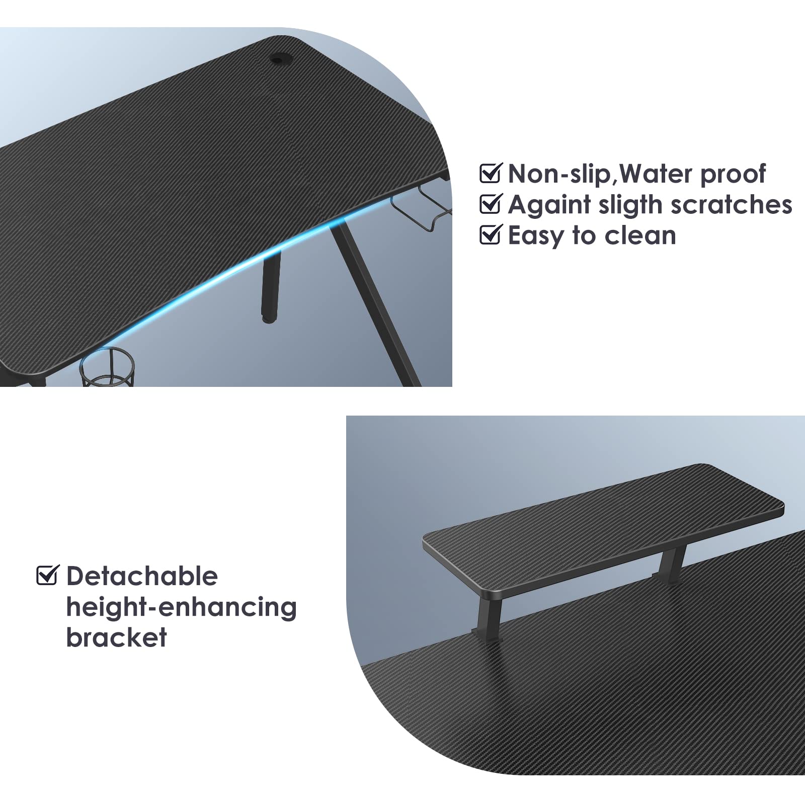 Scrivania Gaming Regolabile, Tavolo Gaming 100x55, Postazione Gaming con Piano del Tavolo in Fibra di Carbonio, tavolo gaming a forma di k con porta tazza, gancio per cuffie, ergonomico