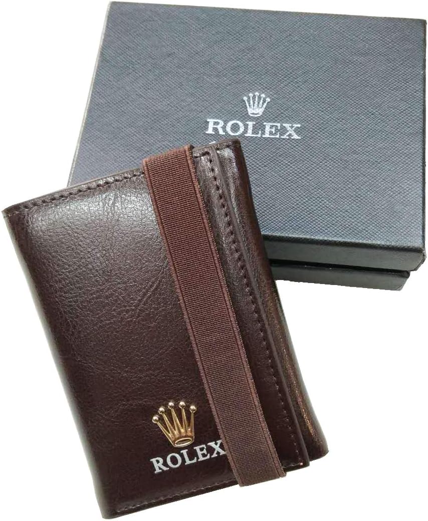 Rolex Genuine Leather 3 Folding Men's Wallet,with a beit Fixed Wallet (Brown)