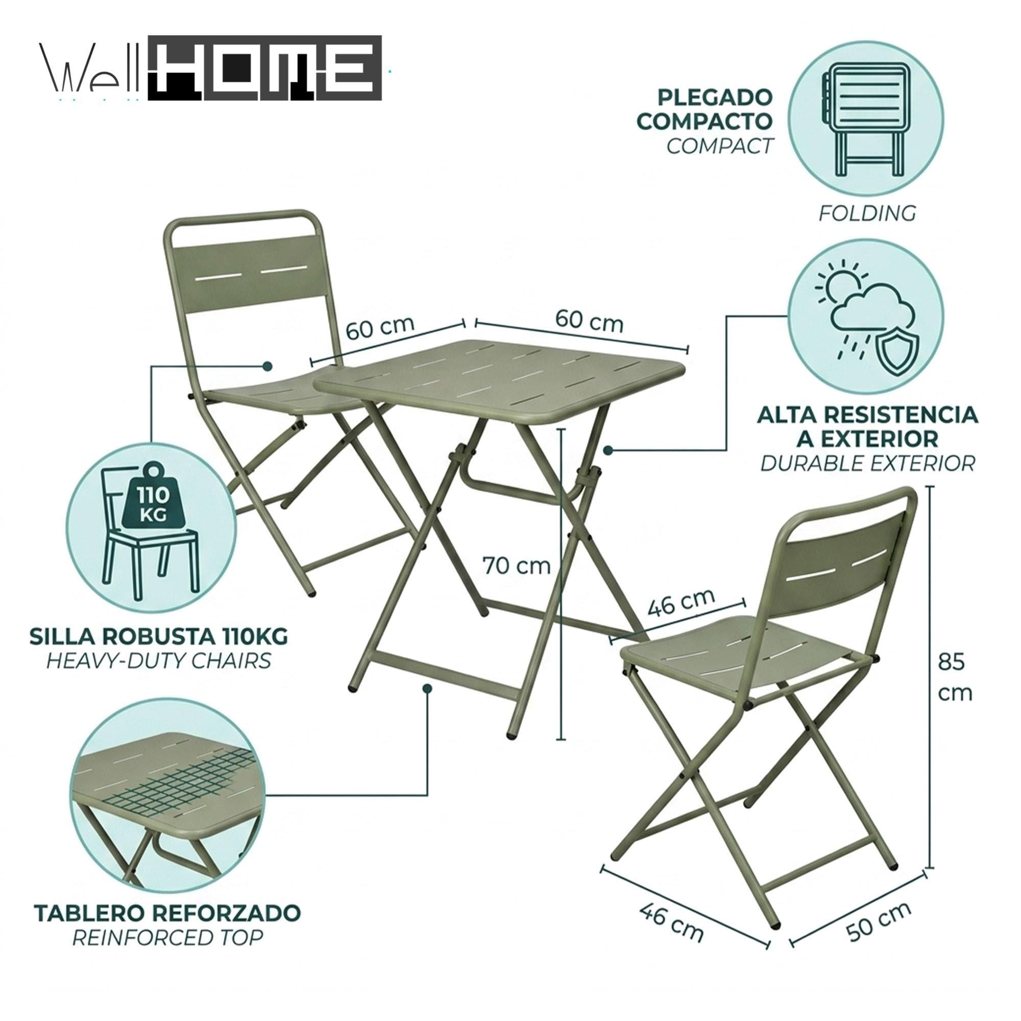 Conjunto Mesa y sillas Jardin terraza Exterior, Plegable: Set Bistro 3Pzs Acero Verde Mate (Mesa 60x60cm + 2 Sillas Plegables) Estructura con Recubrimiento en Polvo-Conjunto Jardín, Terraza y Balcón