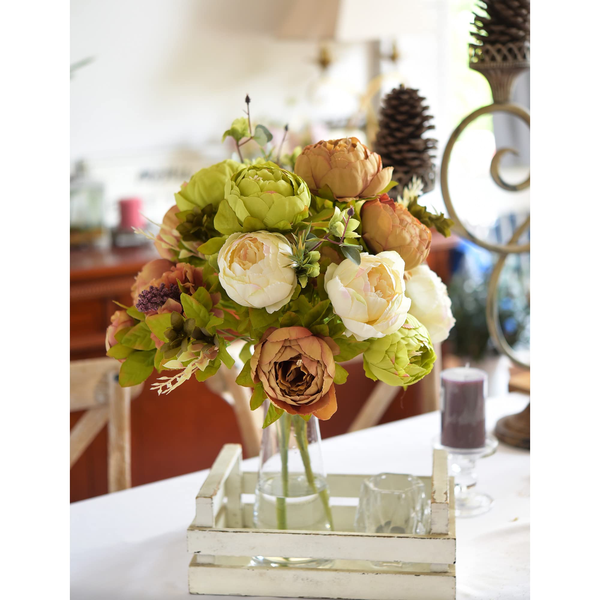 FiveSeasonStuff 2 Blumenstrauß aus Pfingstrosen, Seide, künstliche Blumen und Hortensien, perfekt für Hochzeit, Braut, Party, Zuhause, Bürodekoration (rustikales Braun, Beige und Grün, 2 Bündel))