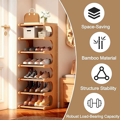 Miniatura 3 de Zapatero estrecho vertical, 7 niveles para espacios pequeños, estante organizador de zapatos vertical de bambú para pasillos, dormitorios, sala de