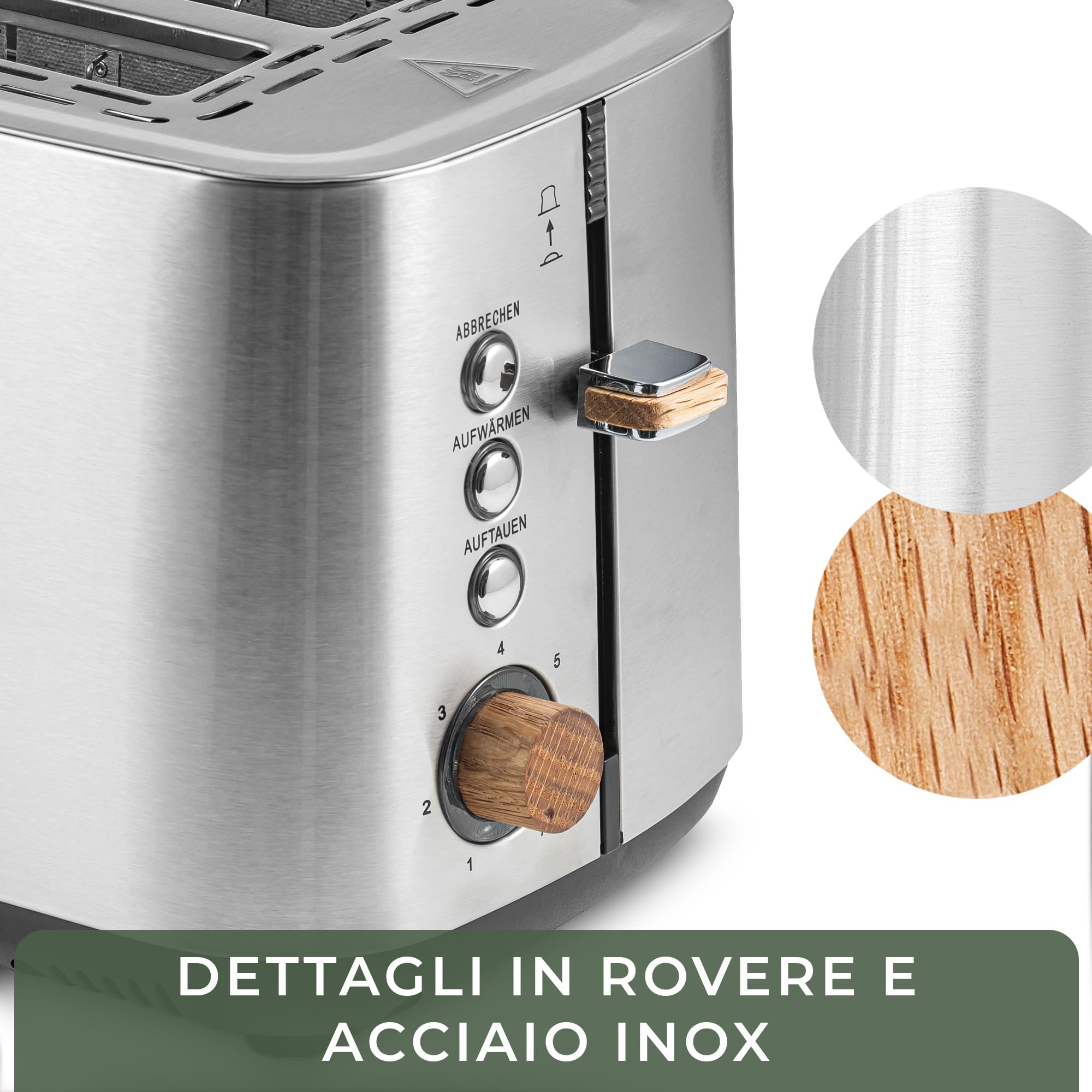 WALDWERK Tostapane di Design – in acciaio inox 304 e legno di quercia – per 2 fette – con supporto per panini – con camere di tostatura extra larghe e profonde – con cassetto raccogli-briciole