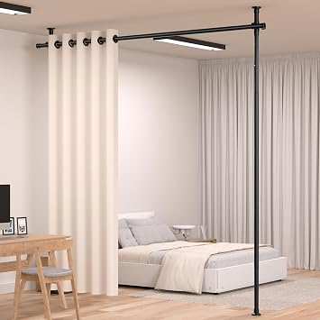 Room Divider Curtain Rod, No Drilling Room Separator for Space Partition Adjustable 4-10ftH 28-70inchW Heavy Duty Temporary Wall Divider Floor to Ceiling Tension Rod, Black