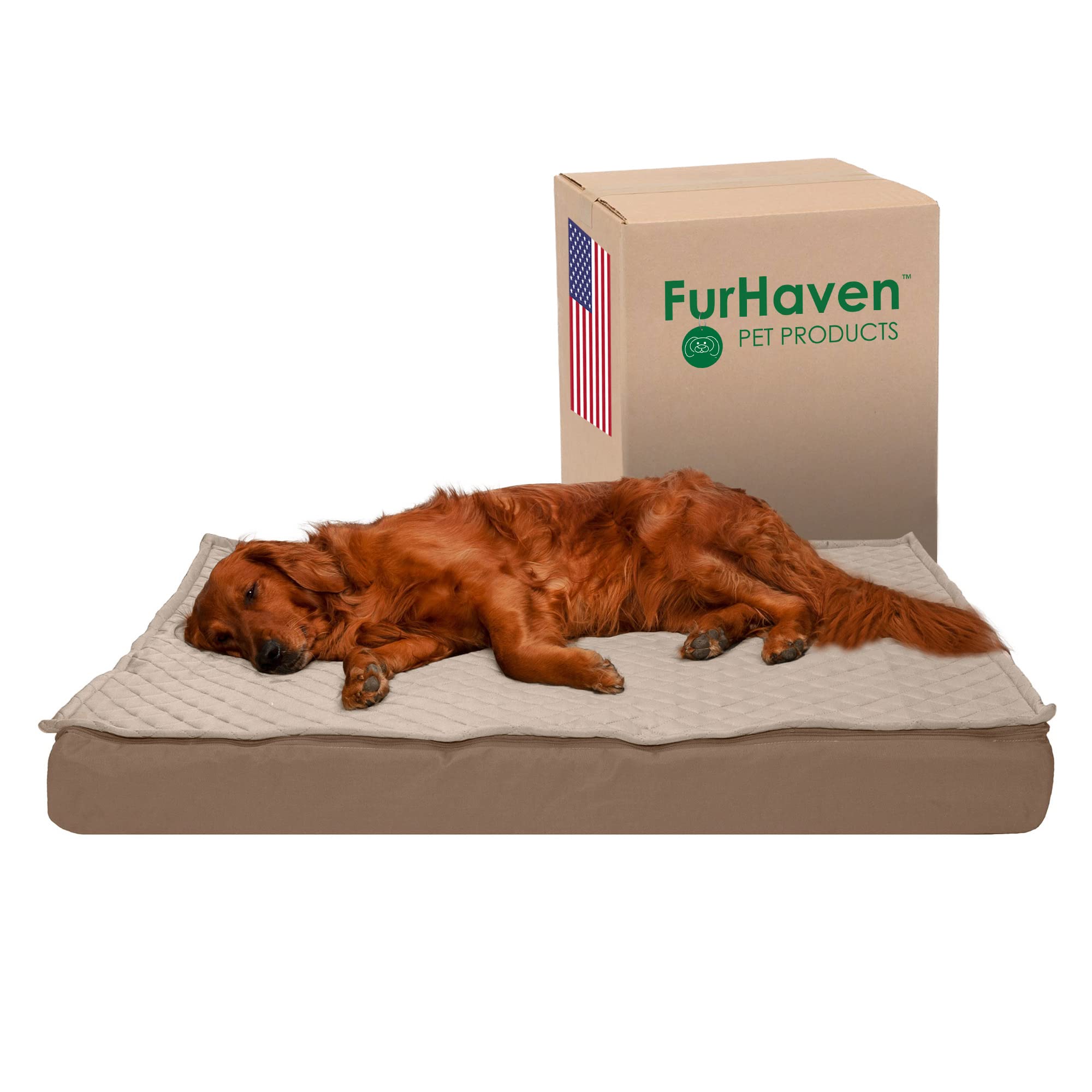 Furhaven Water-Resistant Orthopedic Dog Bed for Large Dogs w/ Removable Quilt Top & Washable Cover, For Dogs Up to 95 lbs - Indoor/Outdoor Quilt Top Convertible Mattress - Sand, Jumbo/XL