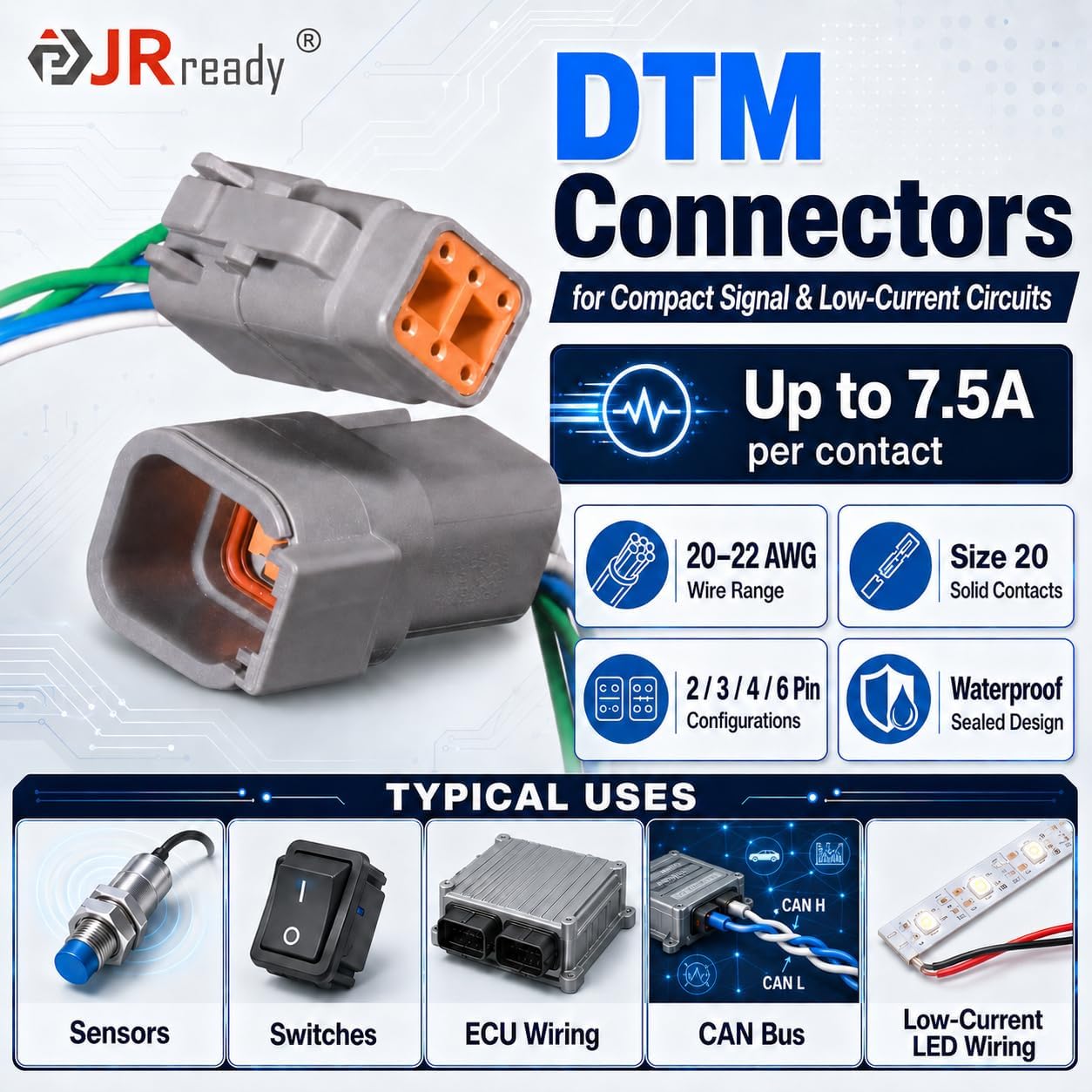JRready ST6461 Deutsch DTM Connector Kit with Crimping Tool & Pin Removal Tools, DTM 2/3/4/6 Pin Waterproof Wire Connectors, Size 20 Solid Contacts 20-22AWG for Automotive ECU Sensor Wiring image 3