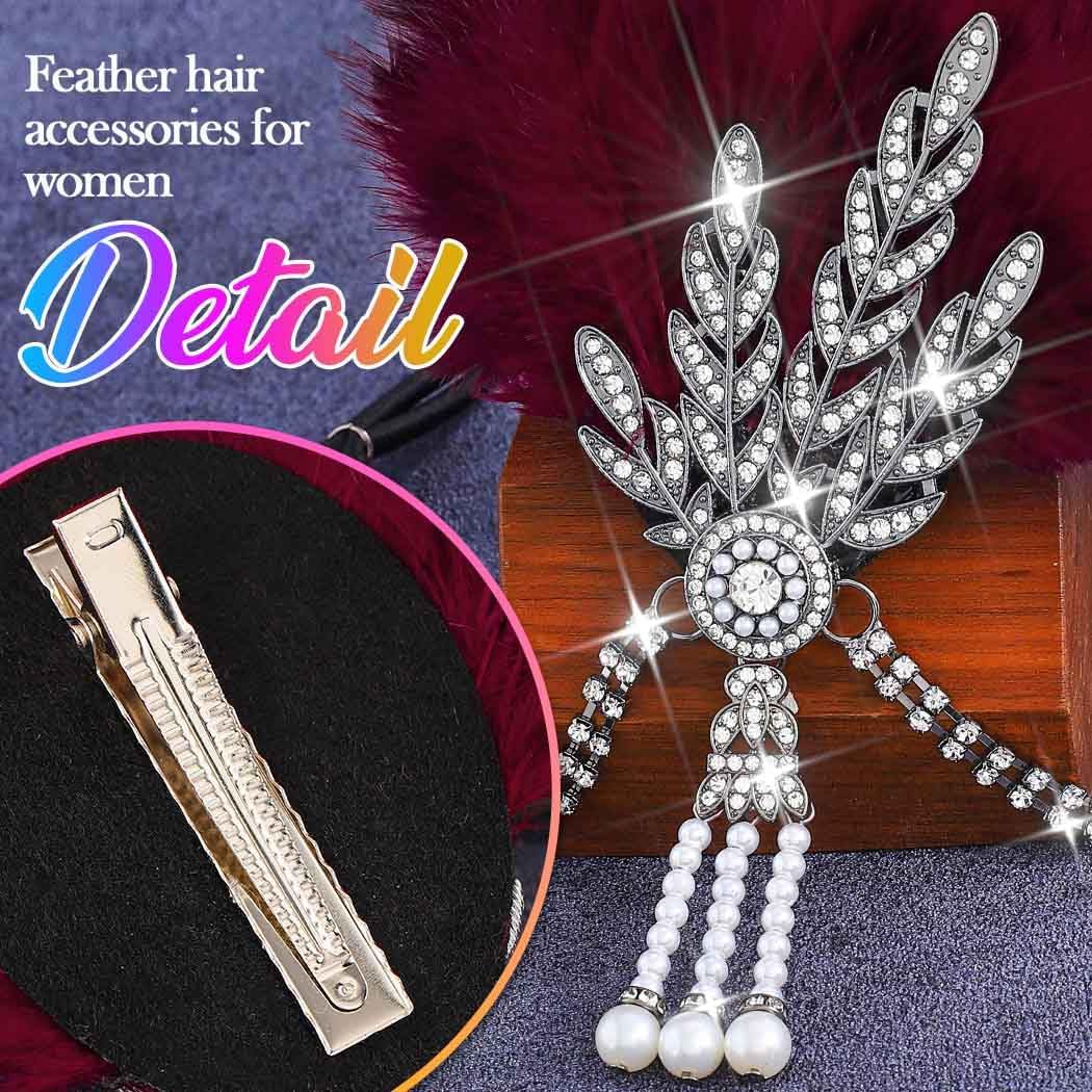 BARTOSI 1920s Flapper Headband Roaring 20s Headpiece Leaf Rhinestone Headwear Feather Hair Accessories for Women (Wine Red) - Image 4
