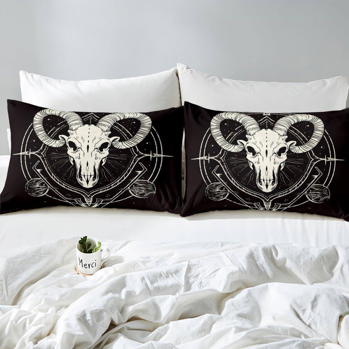 Feelyou Boho Skull Bedding Set Bohemian Ram Skeleton Design Duvet Cover for Kids Children Teens Tribal Arrow Design Comforter Cover Animal Gothic Bones Bedspread Cover Bedroom Decor 3Pcs King Size