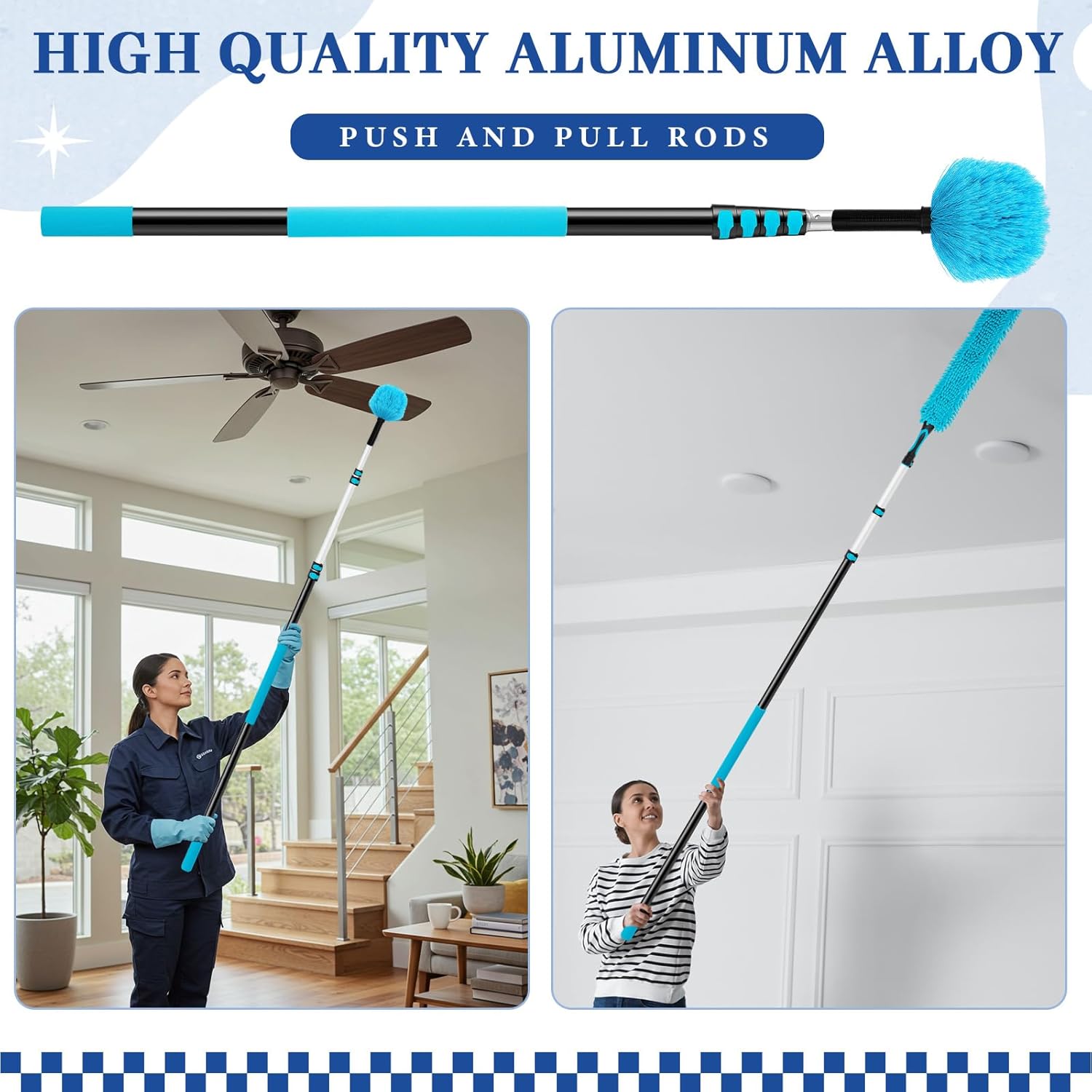 36ft Extra Long High Ceiling Duster with Extension Pole, Long Reach Cleaning Kit for Ceiling Fans, Windows & Cobwebs, Telescoping Pole with 6 Attachments for Home Church Warehouse Cleaning