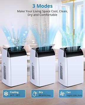 12000 BTU Portable Air Conditioners with Remote Control, 3-in-1 Free Standing Cooling AC Unit with Fan & Dehumidifier, Cools Room up to 550 sq.ft, Smart/Sleep Mode