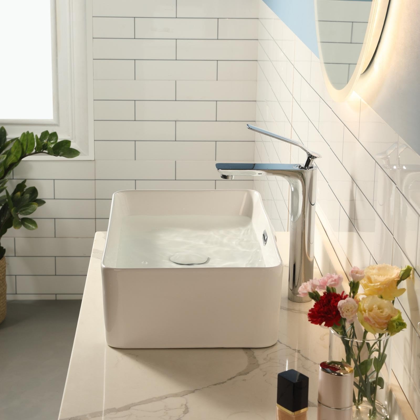Lavabo à poser, en céramique, rectangulaire, à bord fin, pour invités, blanc, avec valve de vidange pop-up, avec trop-plein, 48 × 31,5 × 14 cm