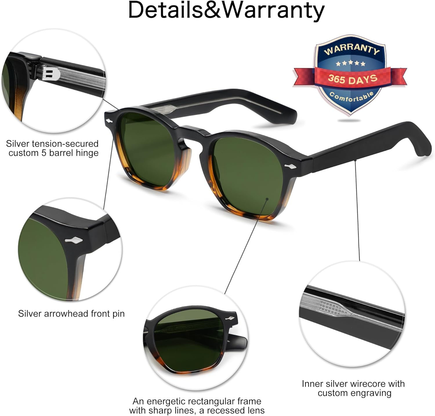 VANLINKER Retro Small Square Sunglasses for Men Women Thin Cube Shades Vintage Slim Frames Intellectual Style VL9774 Top Black Bottom Tortoiseshell Frame Green Lens image 4 of 6 B0CDPPMQVB