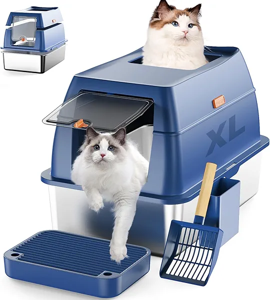 RUBLELITIE Stainless Steel Cat Litter Box with Lid Extra Large Open-Top Dual Entry Enclosed Metal Pan Tray with High Sides Pedal Scoop Non-Stick Anti-Leakage Easy Cleaning for Big Multi-Cat (Blue)