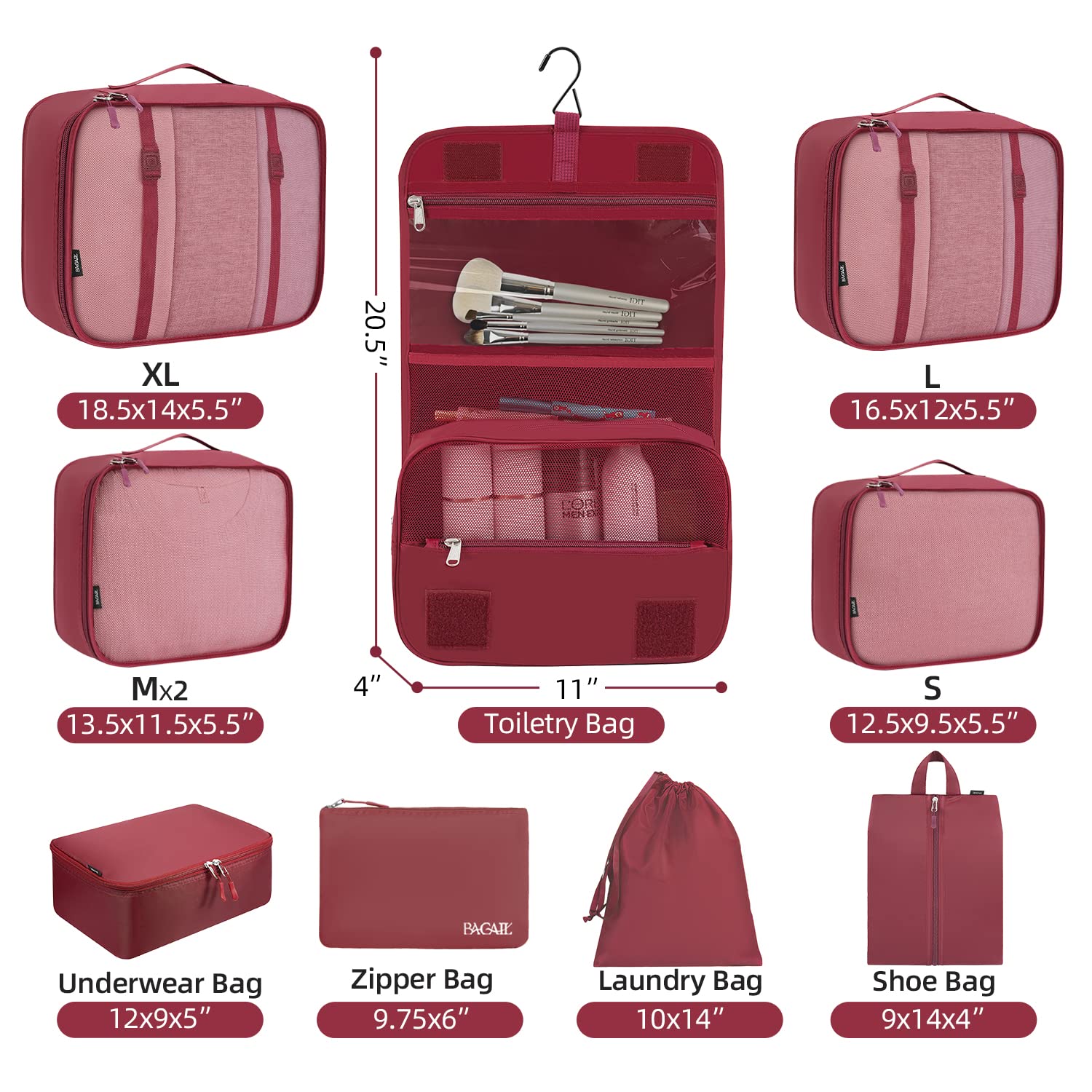 BAGAIL 10 Set Packing Cubes Various Sizes Packing Organizer for Travel Accessories Luggage Carry On Suitcase-Burundy