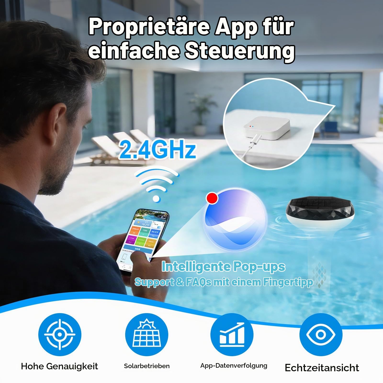 Solar Pooltester 6-in-1 Smart Wassertester mit WLAN-Box – pH, Salz, EC, ORP, TDS, Temperatur – Schwimmender Solar-Wasserqualitätstester für Pool, Spa & Whirlpool