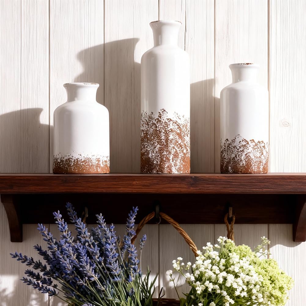 Gray Ceramic Farmhouse Vase Set of 3 – Rustic Small Vases, Vintage Country Style Decorative Vases for Flowers, Home Decor for Living Room, Table, Mantle, Fireplace & Entryway Centerpieces