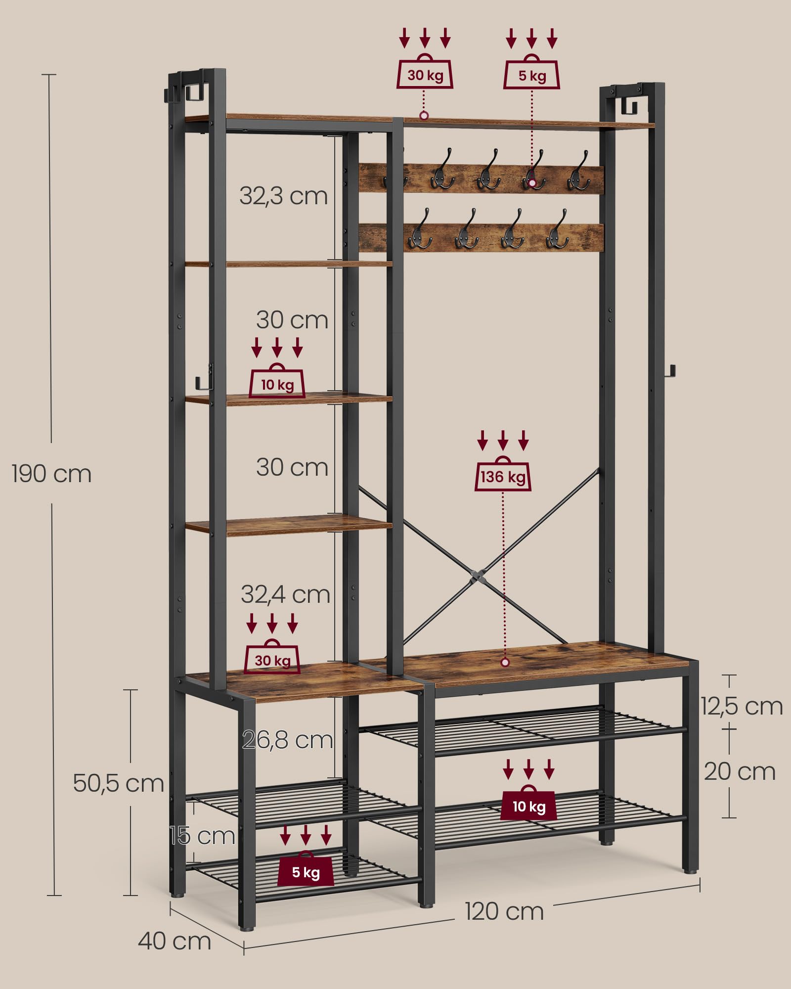 VASAGLE Porte-Manteau, Meuble d’Entrée, avec Porte-Chaussures, 5 Étagères de Rangement, 9 Patères et 6 Crochets Latéraux, 40 x 120 x 190 cm, Marron Rustique et Noir d’Encre HSR426B01