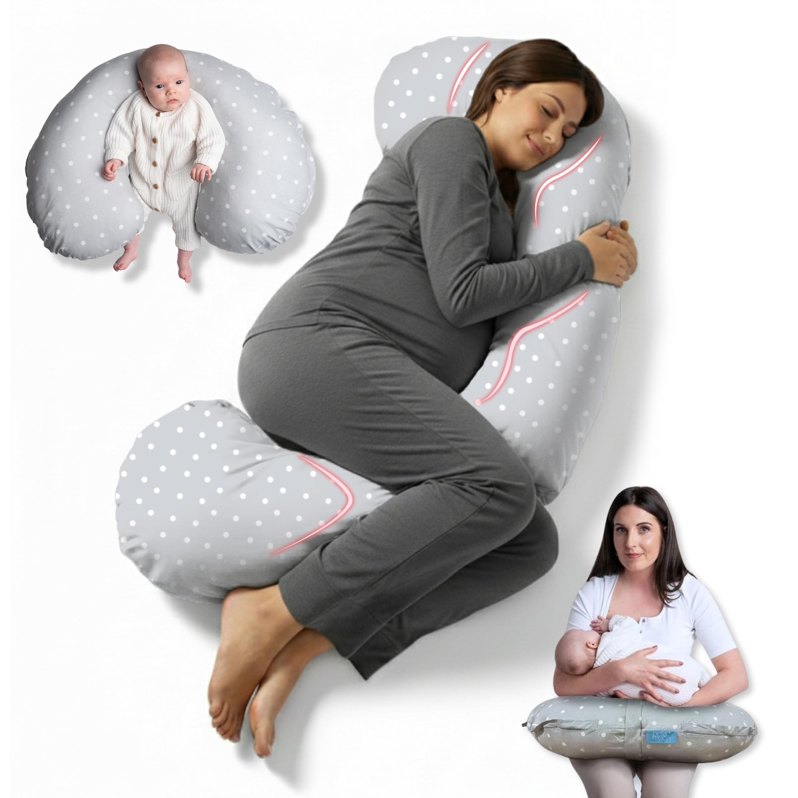BellaMoon 3 in 1 Pregnancy Pillow – Full Body Pillow Support for Pregnant Women - Adjustable C Shaped Pregnancy Pillows for Sleeping, Nursing & Baby Lounger - Washable Organic Cotton Cover.