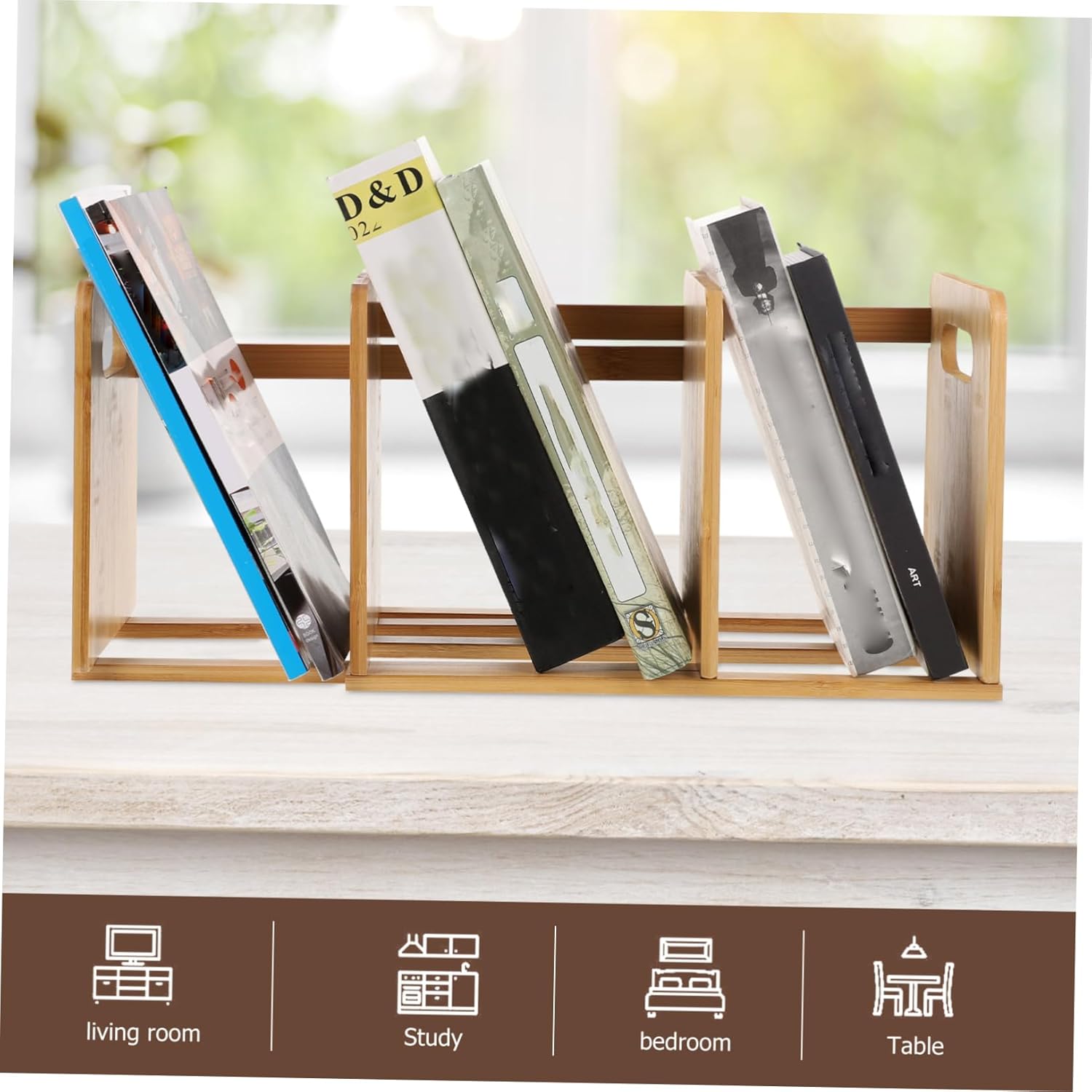 SHINEOFI Retractable Book Organizer Adjustable Multi-Function Bamboo Bookcase for Small Spaces Desktop Bookshelf Stand for Students and Home Office Use