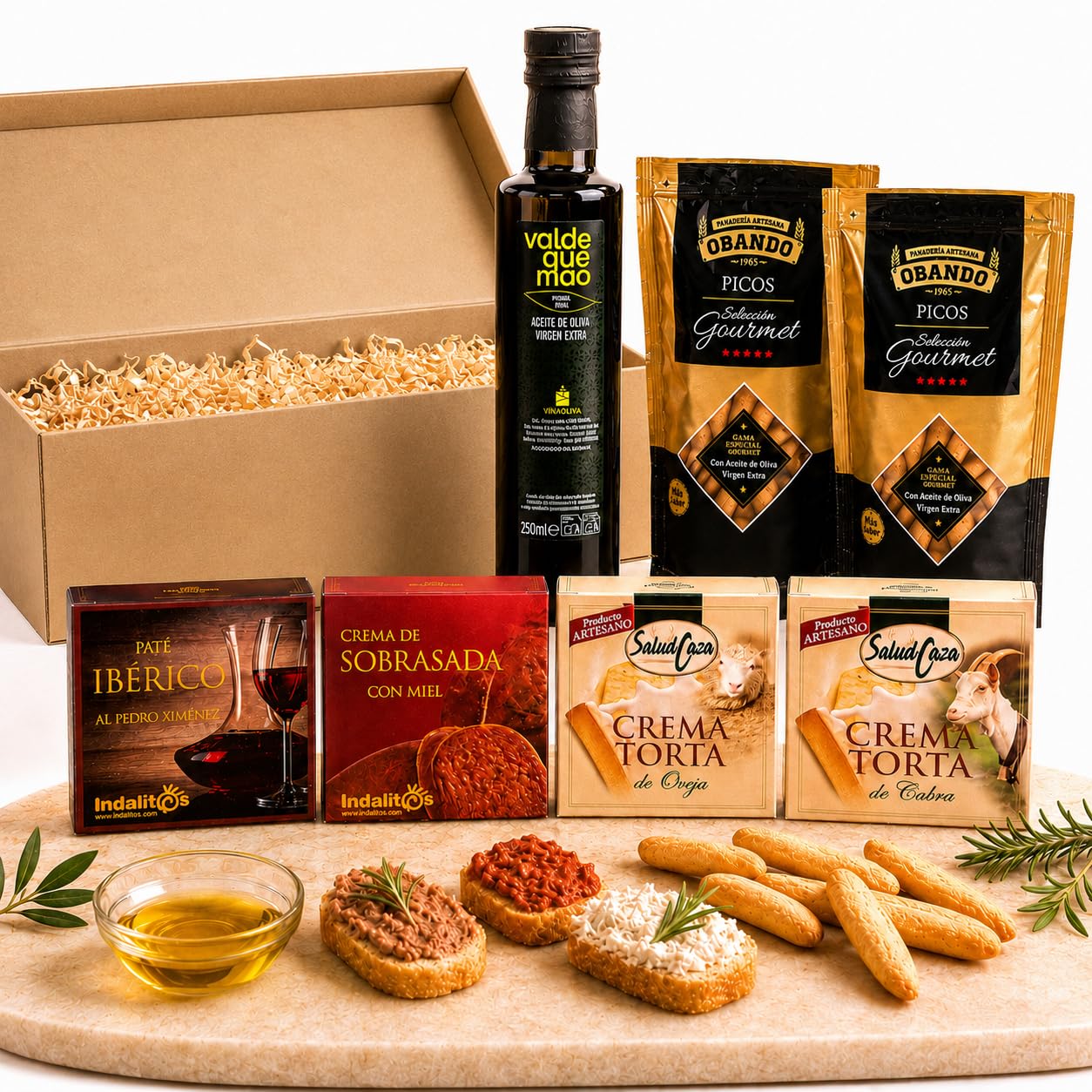 Geschenkkorb gefüllt für Frauen mit spanischem Olivenöl 250 ml, Iberische Pastete, Sobrasada, Käse-Aufstriche & Picos – Geschenkidee Muttertag, Geburtstag, Dankeschön (7 Stück)