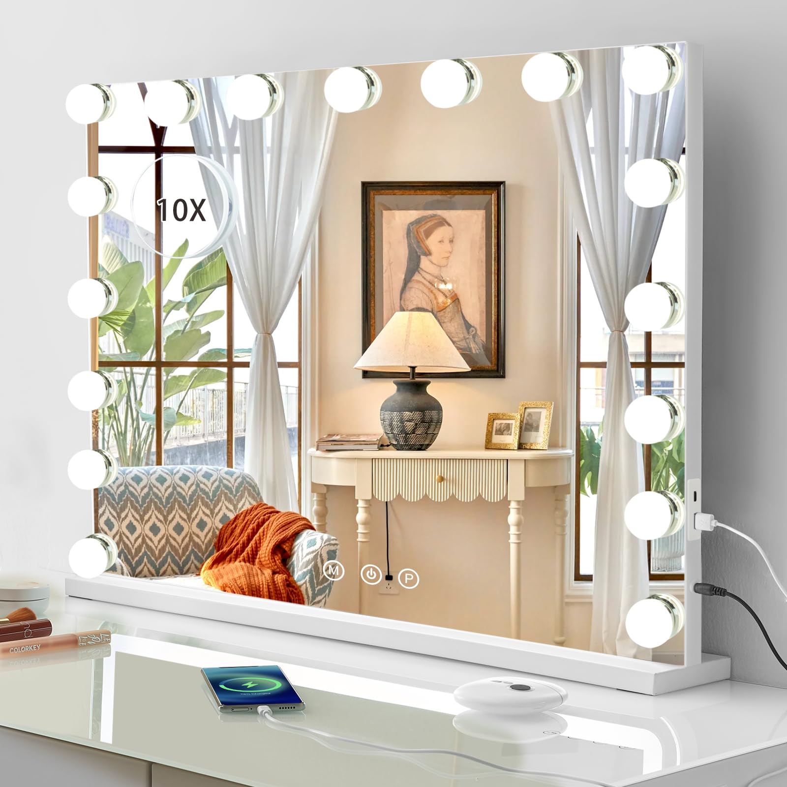 Hollywood Large Makeup Vanity Mirror with Lights, Light Up Mirror with Dimmable LED Bulbs & USB Ports, Tabletop Mirrors for Bedroom Dressing Room (80 x 60cm)
