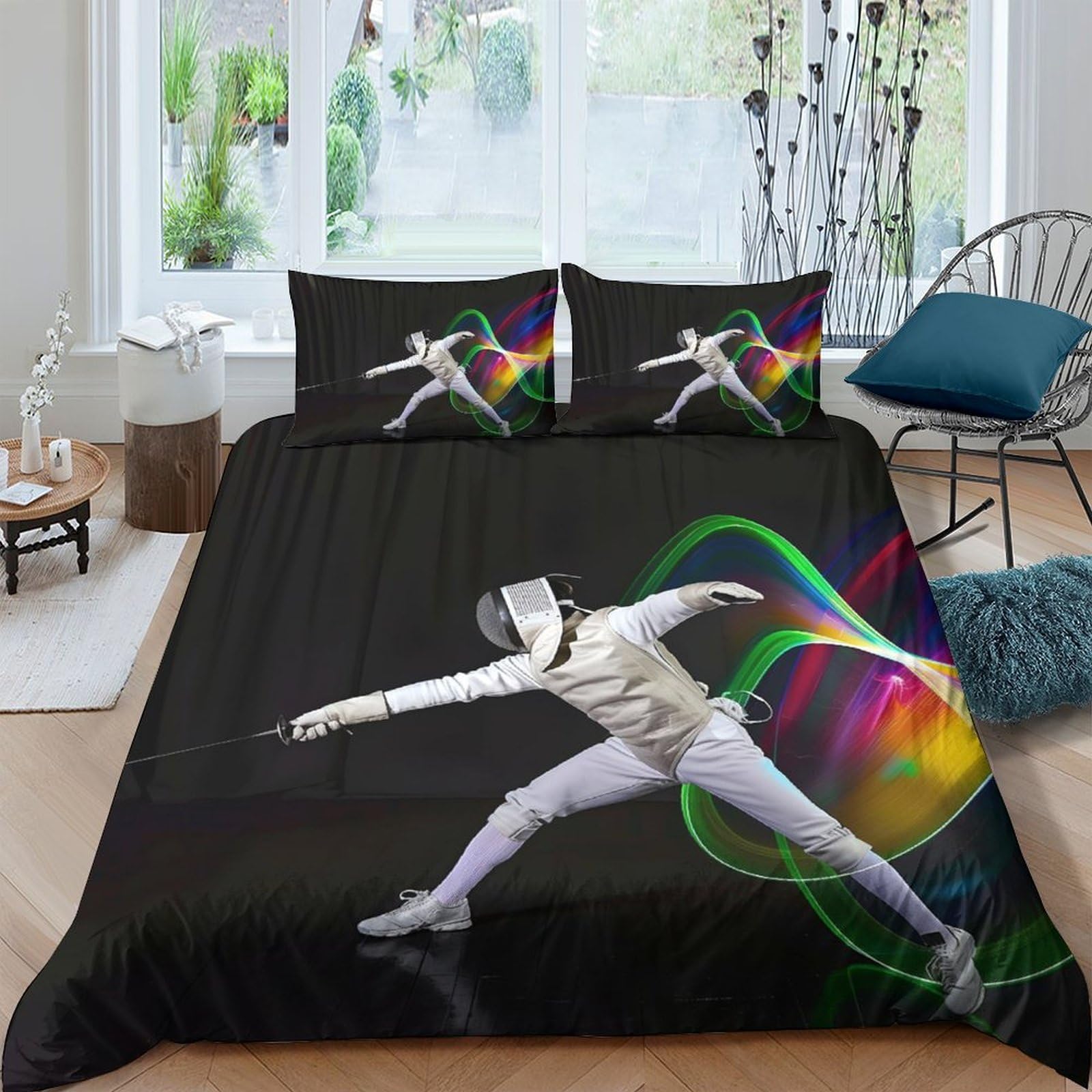 Ctjqhvkz Style-1 3D Printed Fencing Athlete Fitted Sheet Microfiber Soft Breathable Rainbow Motion Bed Cover For Bedroom Dorm Decor Mattress Protection Single（135X200cm）