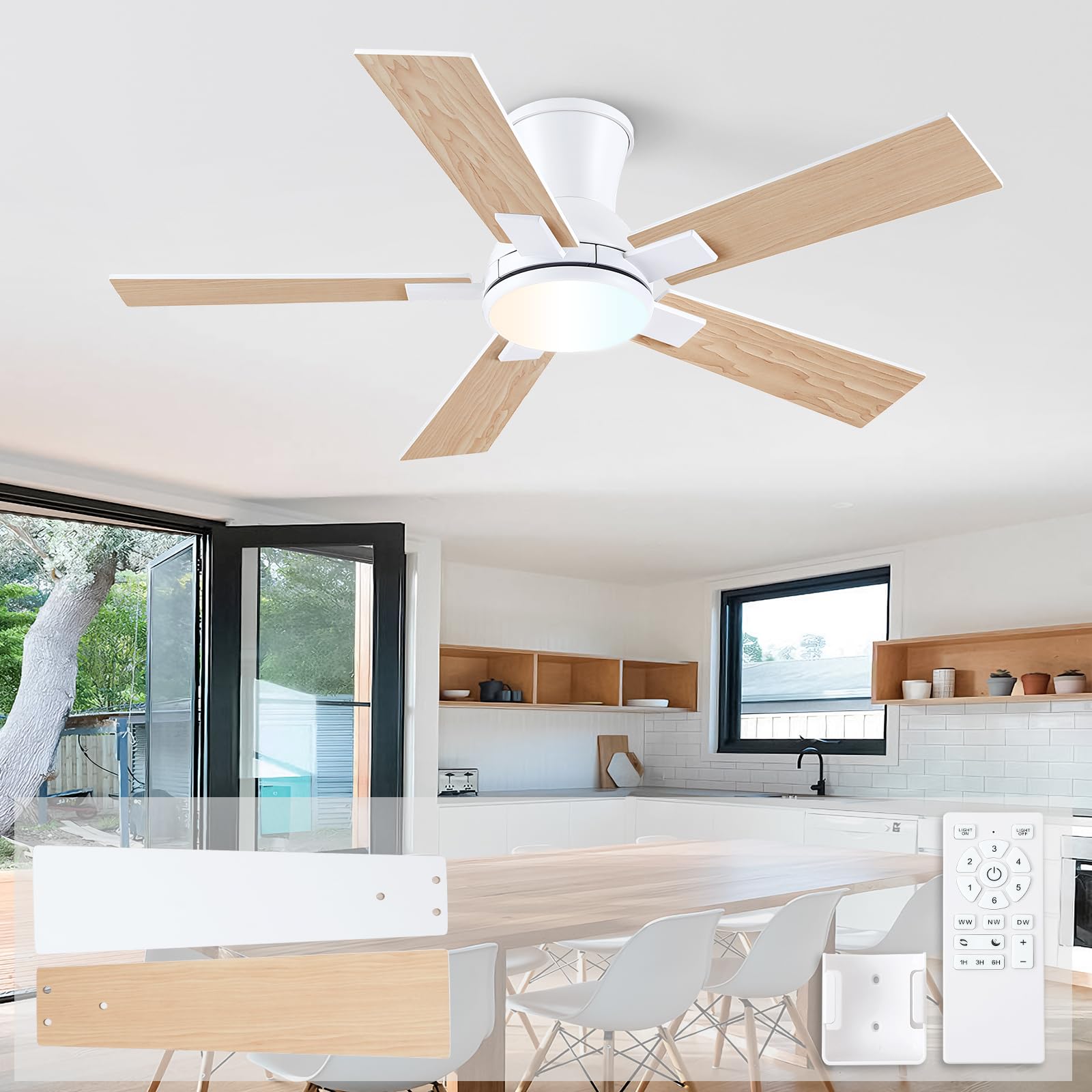 Wellspeed Ceiling Fans with Lights - 42inch White Flush Mount Low Profile Ceiling Fan with Light and Remote, Reversible DC Motor, 6-Speed Quiet LED Dimmable for Bedroom, Indoor and Cover Outdoor