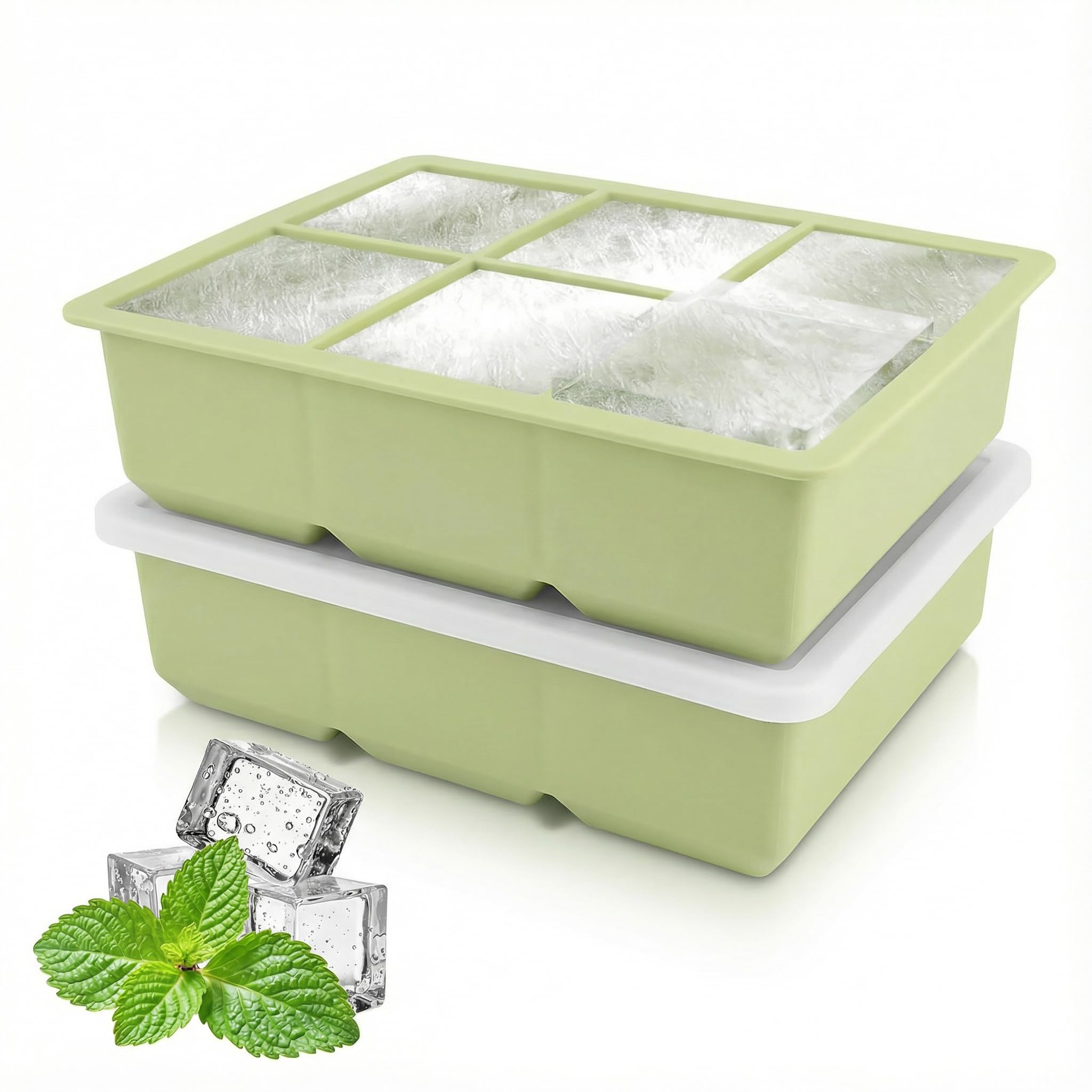 2 Pack Green Silicone Ice Cube Tray with Lid, Large Ice Cube Moulds Stackable for Freezer, Easy Release Ice Trays for Whiskey Cocktails Coffee Juice