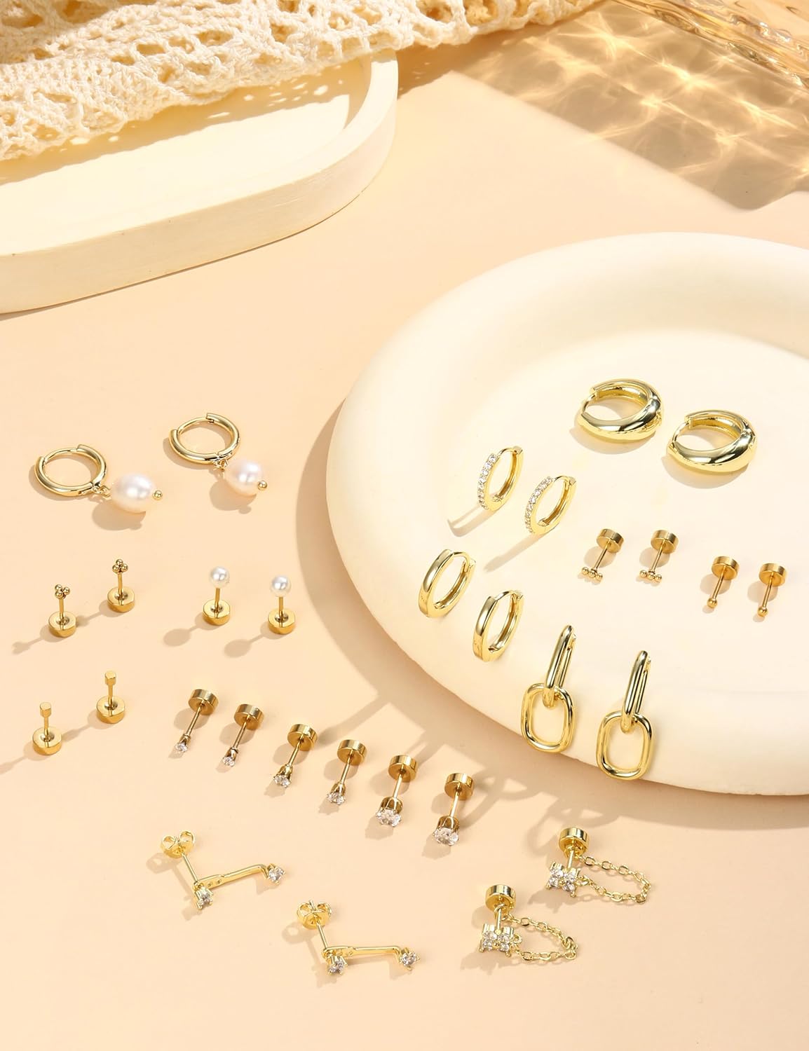 LOLIAS Flat Back Earrings for Women Hypoallergenic Surgical Steel Earrings for Sensitive Ears-20G Cartilage Earring Stacks 14K Gold Plated Hoops Flatback Stud Earring Sets for Multiple Piercing - Image 8