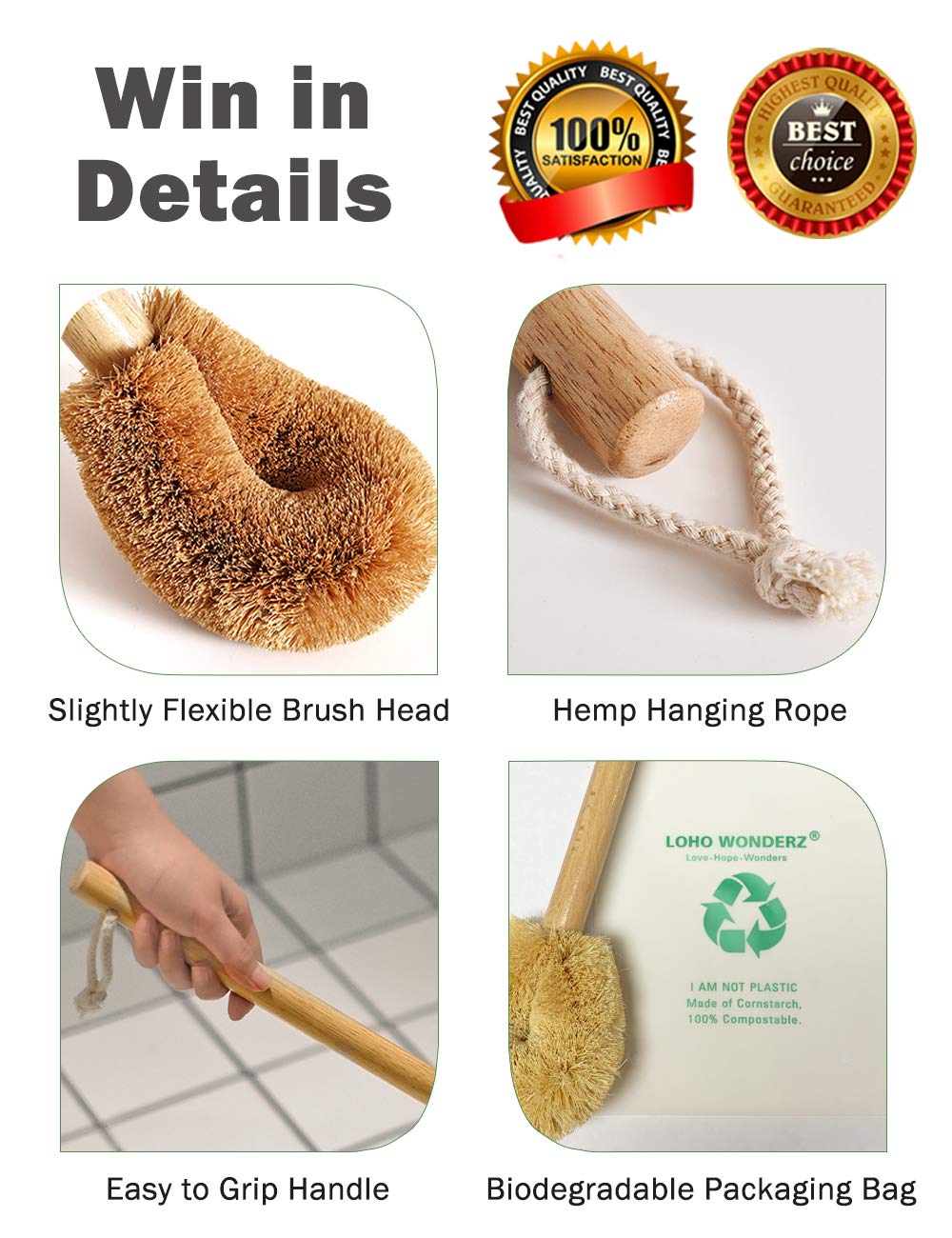 Version moderne mise à jour de la brosse pour WC Tête de brosse en fibre de coco naturelle et manche en bois de hêtre pour salle de bain Robuste et profond Respectueuse de l'environnement