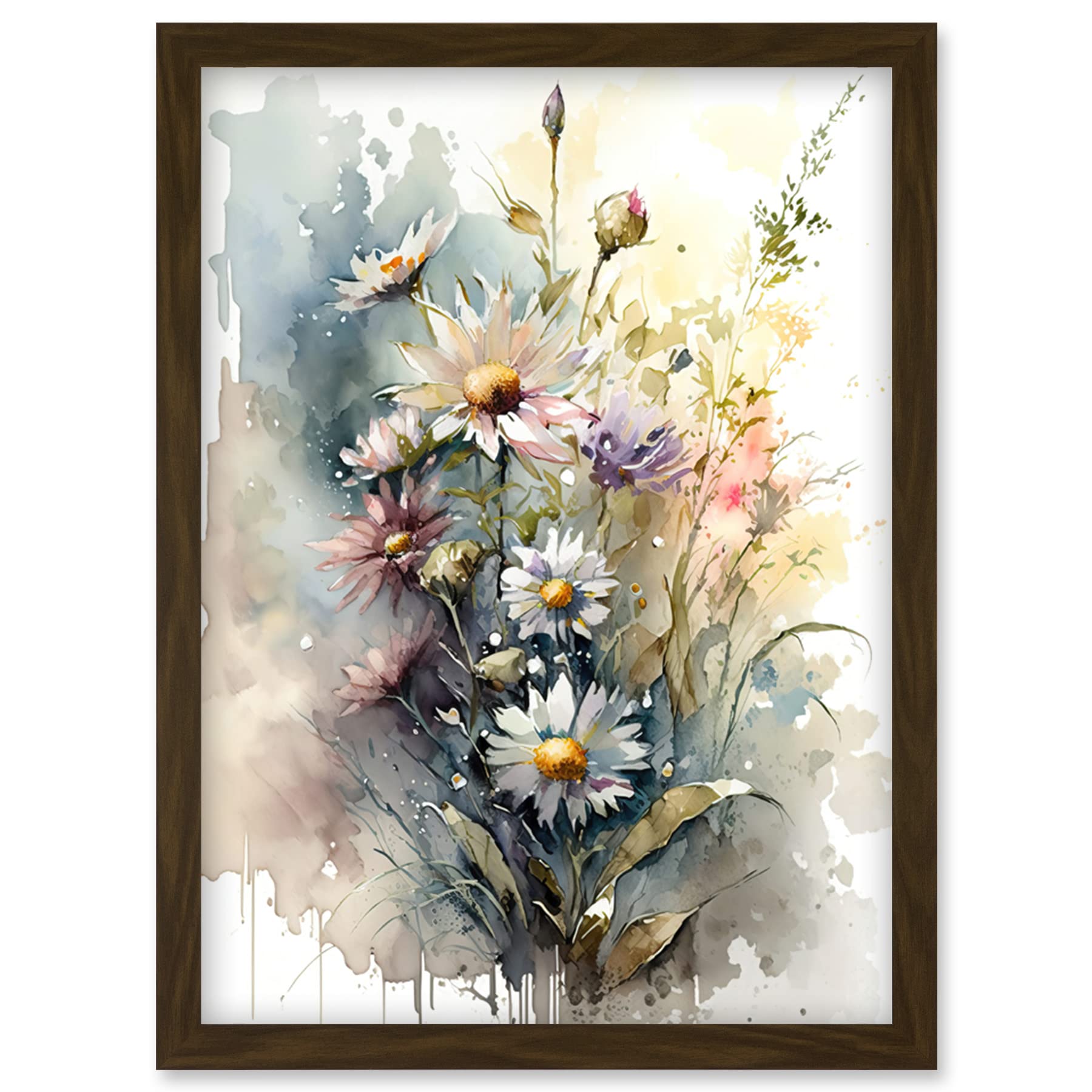 Artery8 Wild Flower Daisies in Bloom Modern Boho Watercolour Painting Artwork Framed Wall Art Print A4