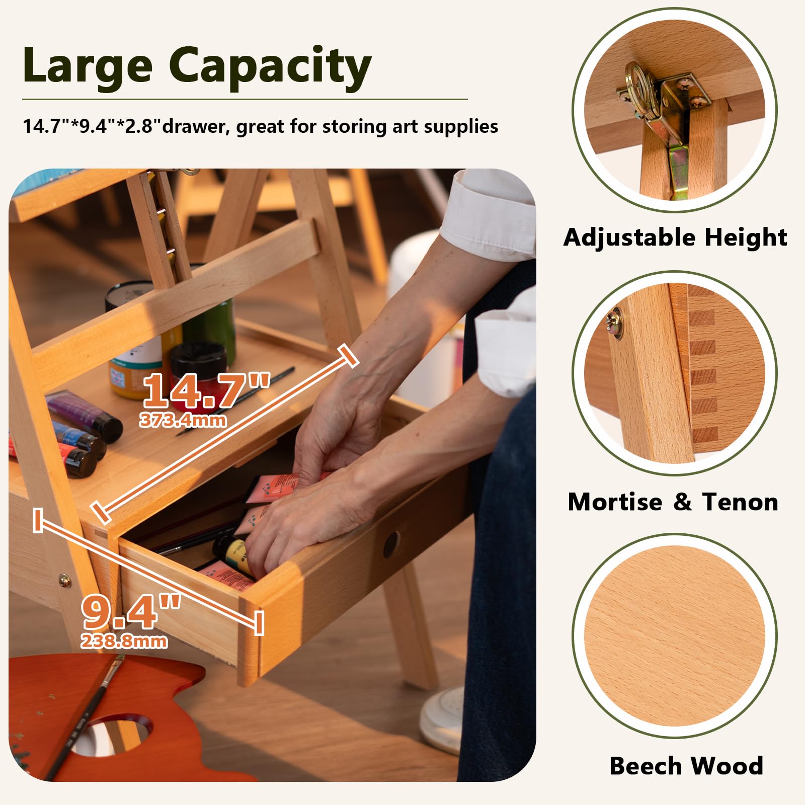 DJAR Caballete de Estudio con Cajón de Almacenamiento, Caballete de Suelo en H Ajustable de Madera de Haya Maciza, Soporta Lienzos hasta 91 cm, Natural