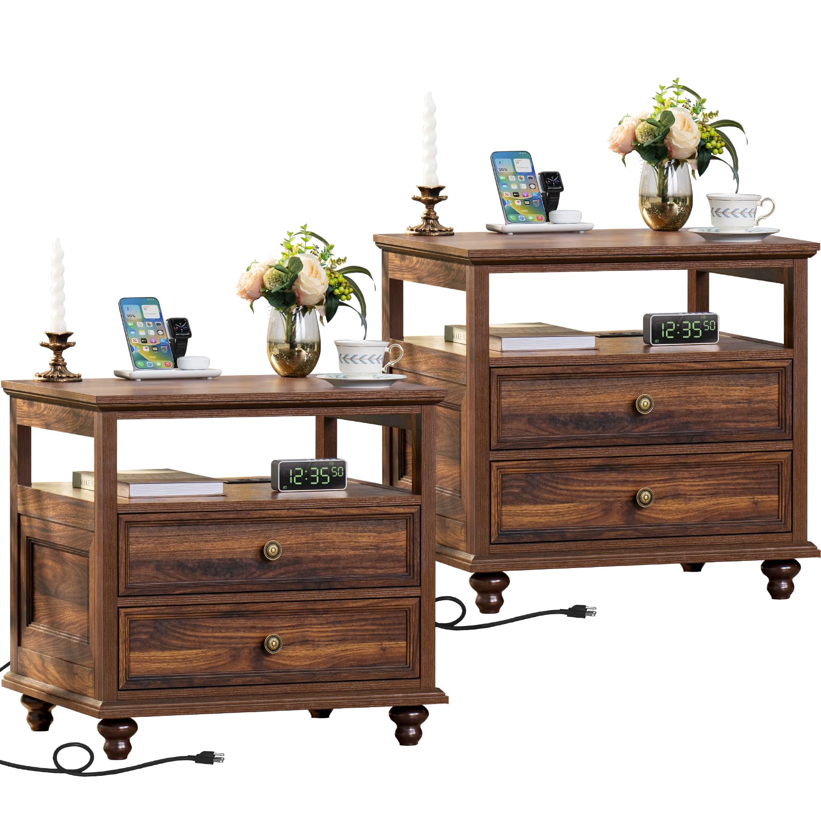 Joaxswe Farmhouse Nightstand Set of 2 with Charging Station, 24" Wide End Table with 2 Drawers,Brown Dresser for Bedroom,Bed Side Table Chest of Drawers Cabinet, Night Stand for Living Room