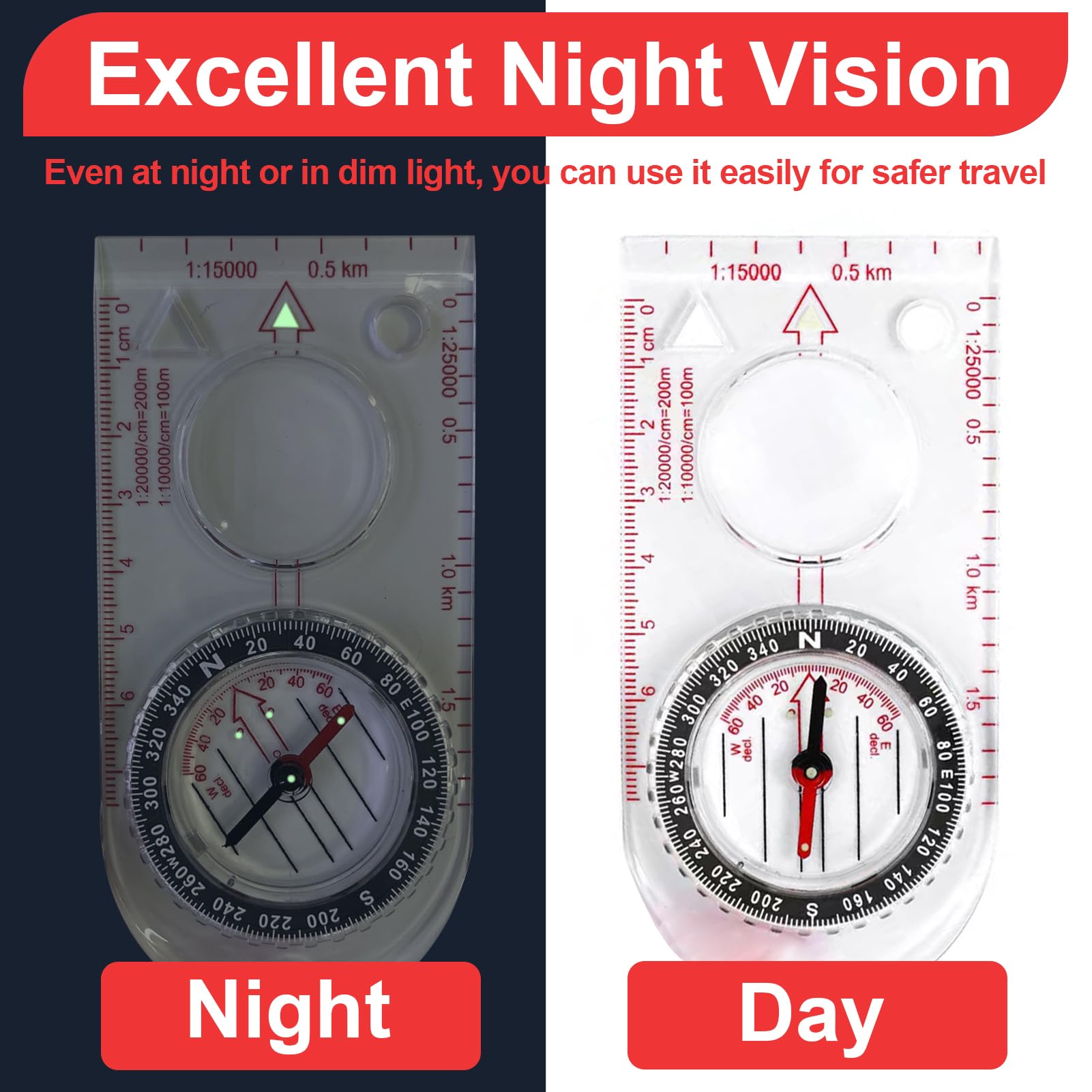 Boussole de Navigation, Boussole Randonnée avec Déclinaison Réglable Équipé d'une Corde Rouge Transparente Compas d'Orientation pour Randonnée Camping Sport de Plein air