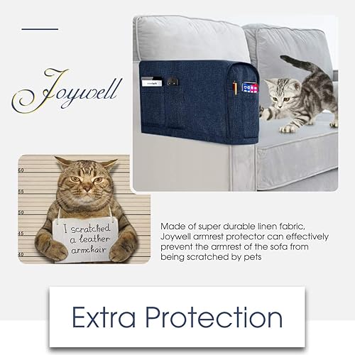 Miniatura 7 de Joywell - Juego de 2 fundas para reposabrazos de sillón, de lino, antideslizantes, protectores para perros, gatos, mascotas, con 4 bolsillos para