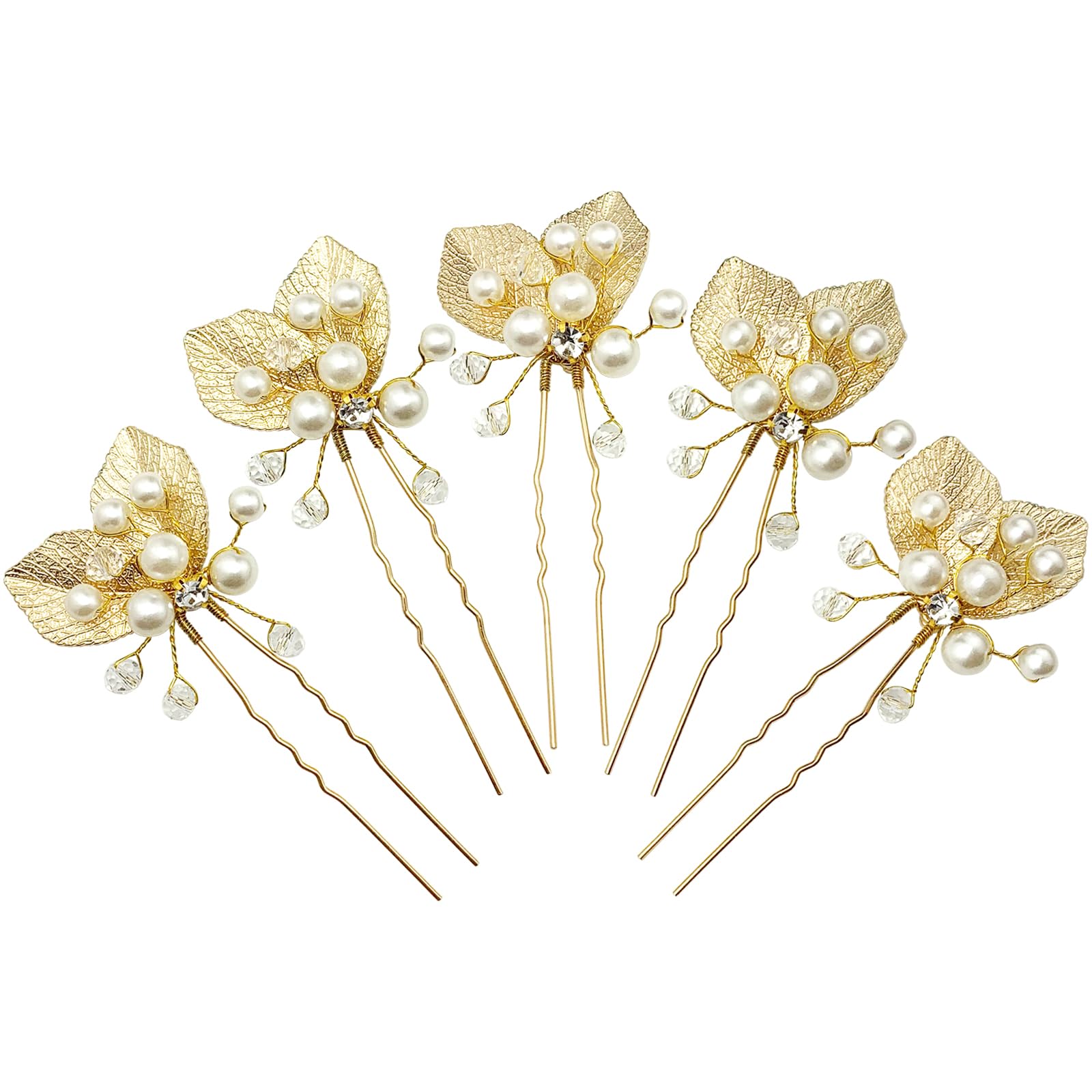 BETITETO Bridal Gold Hair Pins 5pcs Pearl Metal Leaf Wedding Hair Pieces Accessories for Women Girls