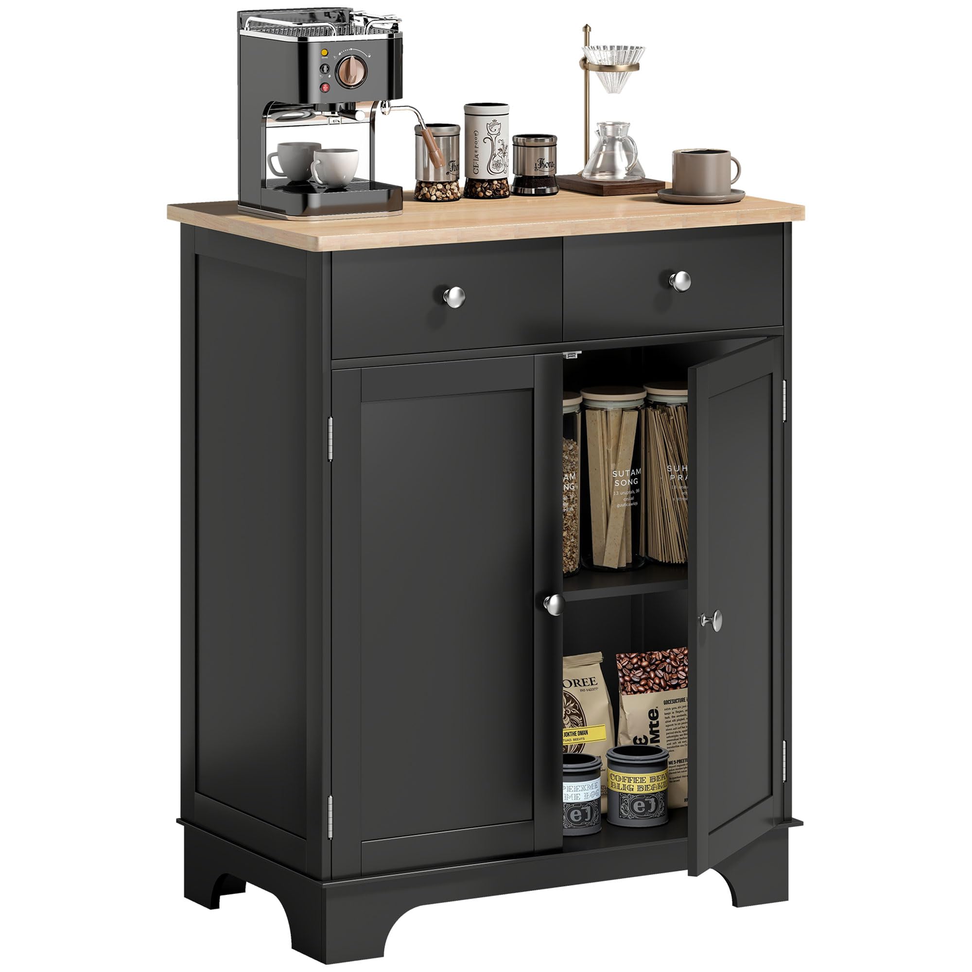 HOMCOM Meuble de Rangement Buffet Salon avec placards à Portes, 2 tiroirs et étagère réglable, Armoire de Rangement pour Salon, Cuisine, Chambre, Noir et Bois Naturel