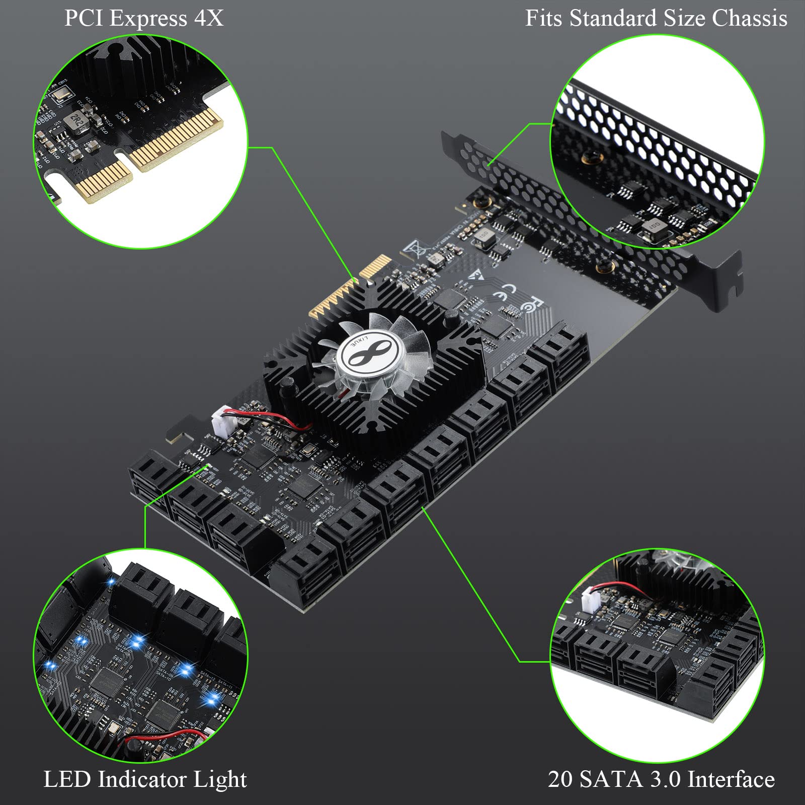 ASM1064 ASM1812 4X SATA III 6Gbps Erweiterungskarte 20 Ports Kompatibel Windows Linux HDD SSD AHCI IDE