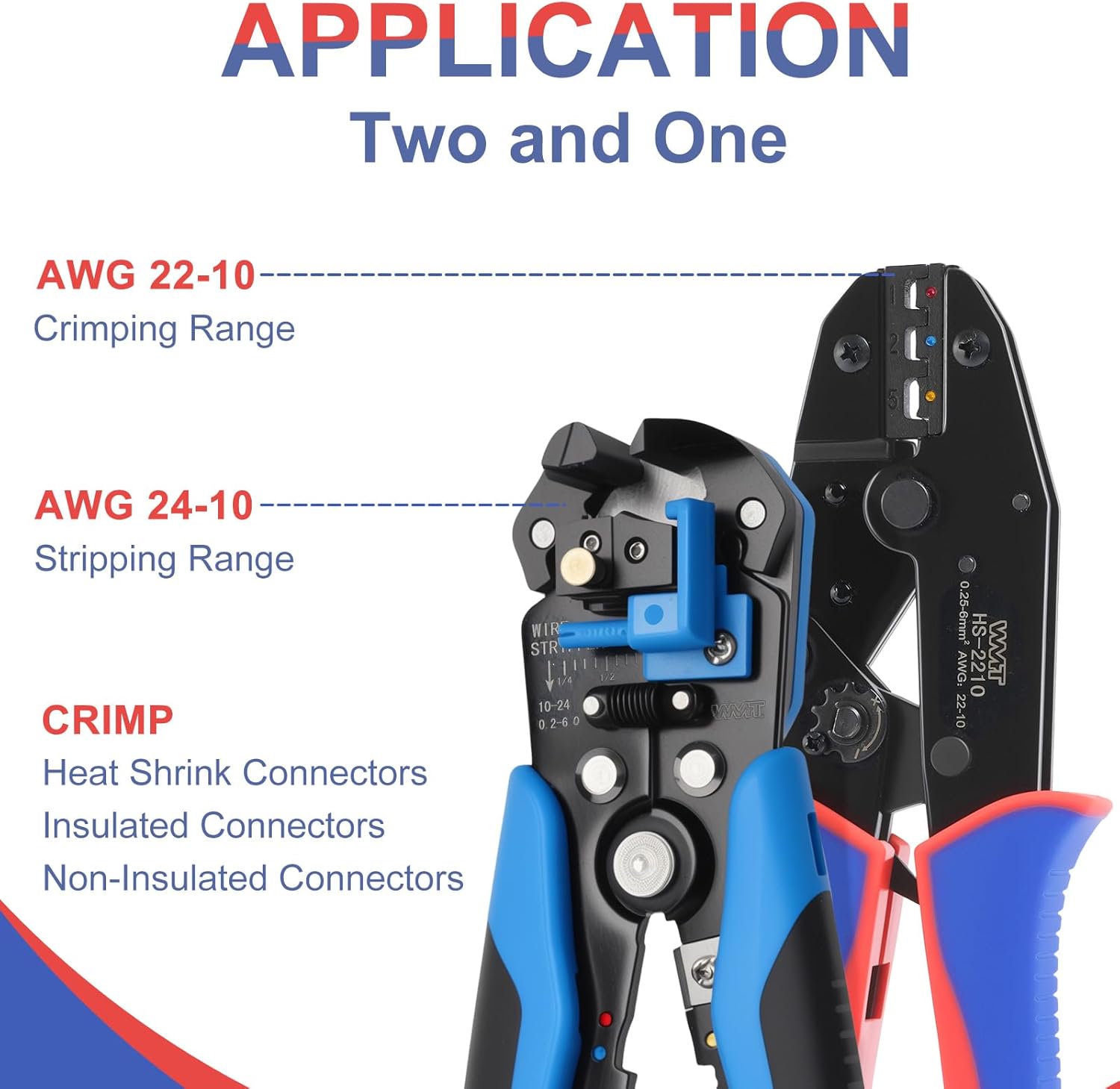 WMT Wire Stripper and Crimping Tool, AWG 24-10 Self-Adjusting Stripper Tool with AWG 22-10 Ratcheting Wire Terminal Crimper for Heat Shrink Wire Connectors