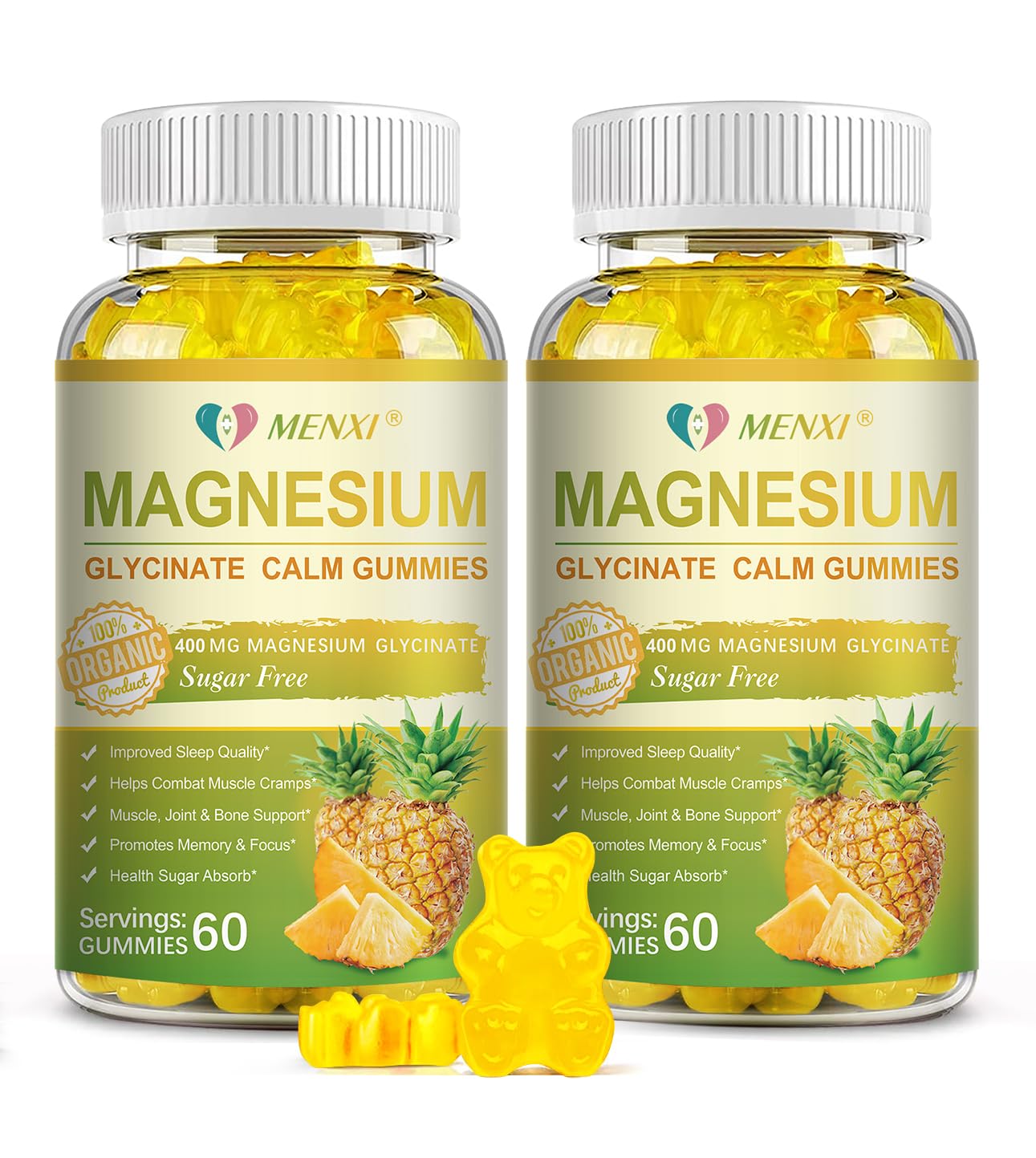 Magnesium Glycinate Gummies 400mg, Sugar Free Magnesium Taurate,Magnesium Malate Supplement with Vitamin D, B6, CoQ10 for Relaxation, Stress Relief, Muscle, Bone & Sleep Support-120 Pineapple Gummies Pineapple 120 Count (Pack of 1)