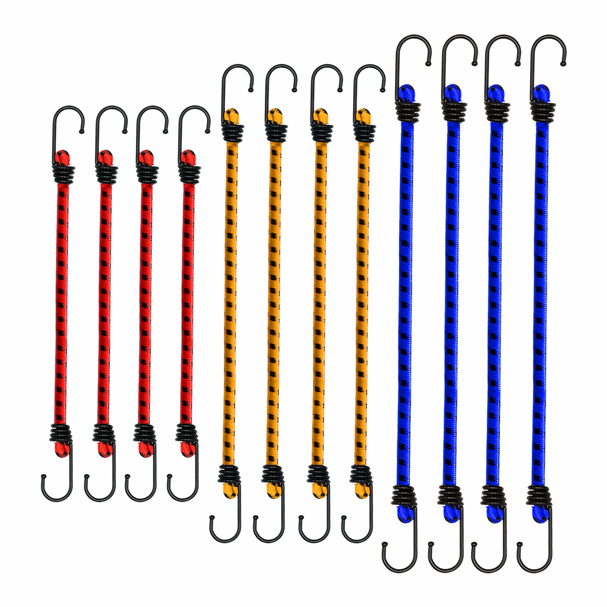 G4GADGET, Bungee Cords with Hooks - Pack of 12 (4x 30cm, 4x 45cm, 4x 60cm) - Weatherproof & UV-Resistant Elastic Straps for Camping, Tarps, Luggage, and Outdoor Use