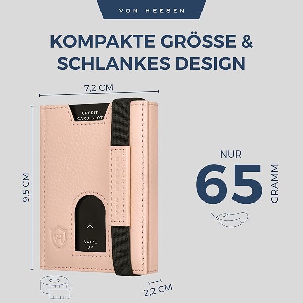 VON HEESEN Slim Wallet mit Münzfach & RFID-Schutz - Leder Geldbeutel - Mini Geldbörse für Herren und Damen - Kartenetui Echtleder Karten Portemonnaie klein - Kreditkartenetui Rose - 5
